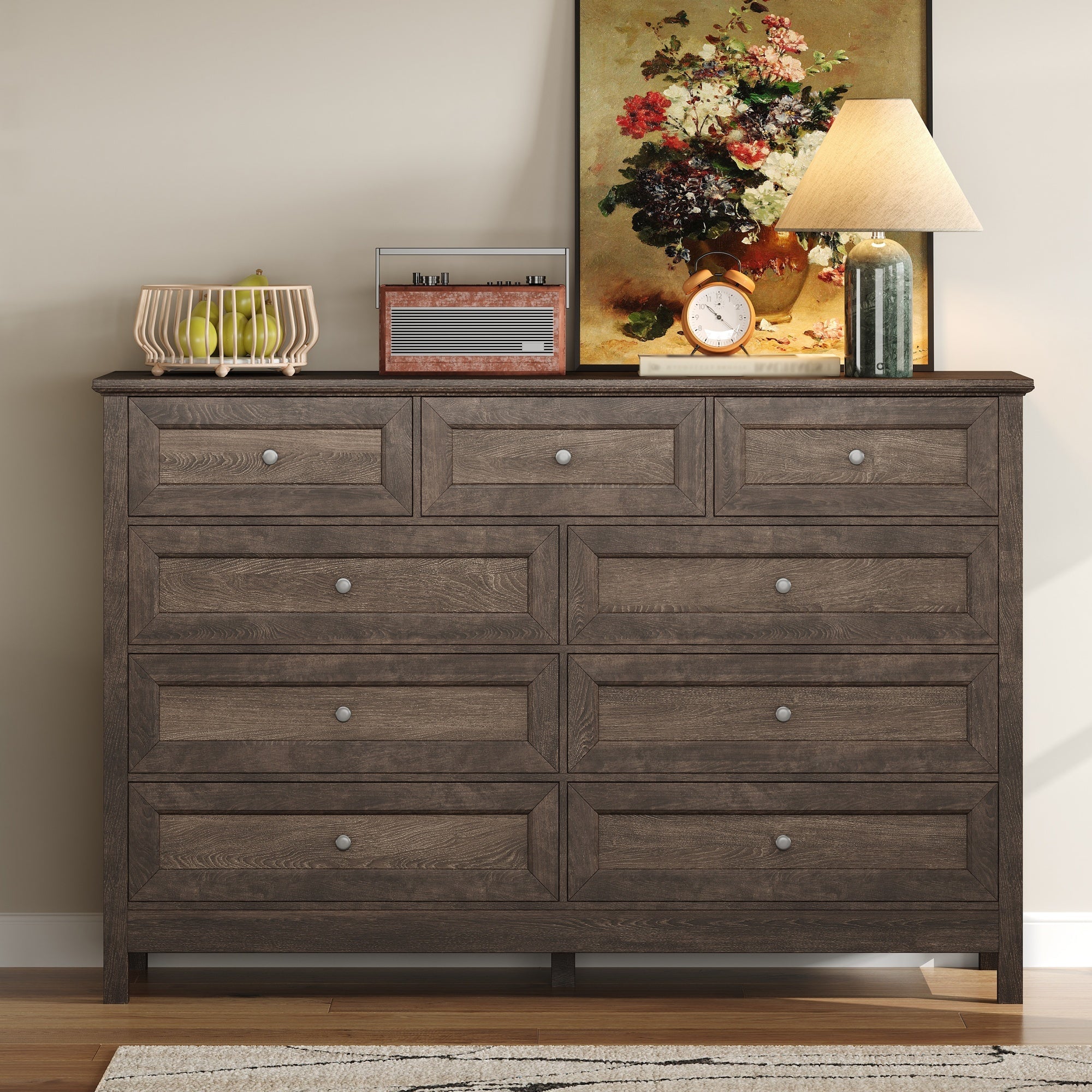 Wood Rustic Storage Dresser with 9 Drawers and Silver Handle, Brown