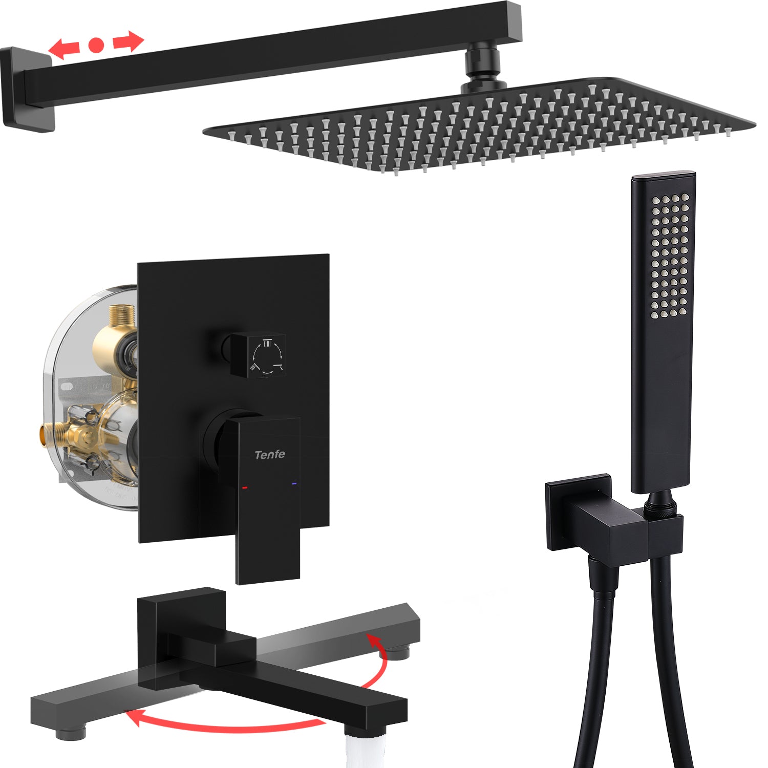 Male NPT Matte Black Shower System, 12 Inch Shower Fixtures Rain Shower Head with Handheld Shower Spray, Wall Mount Shower Faucet Set for Bathroom(Pressure Balance Shower Trim Valve Kit Included)