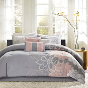 Printed Cotton Sateen Comforter Set Grey/Peach Cal King