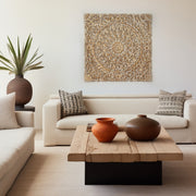 Wooden Floral Hand Carved Mandala Square Wall Decor with Spiritual Symbolism in Gold and White, 48x48 Inches