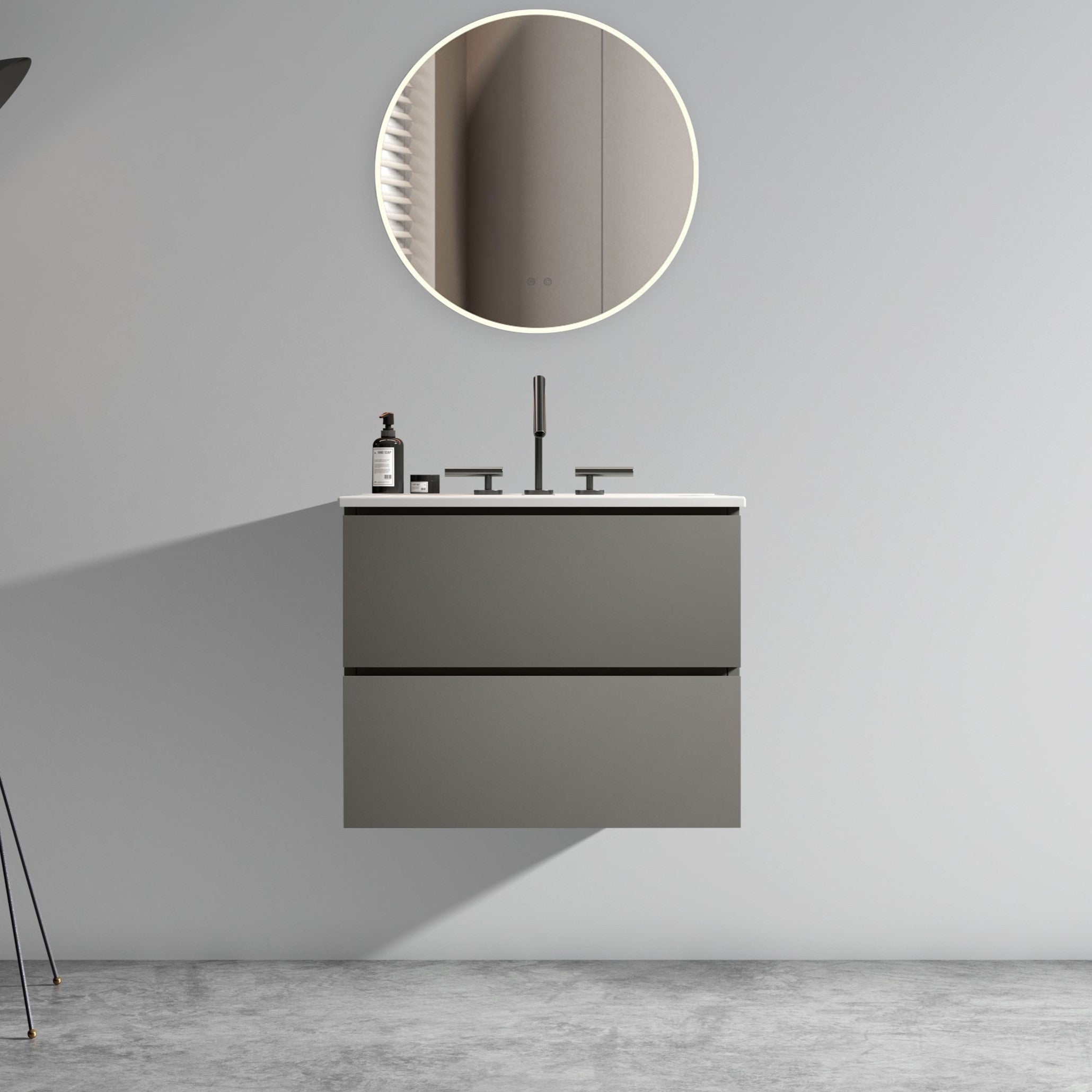 TIA 24' Wall Mount Space Grey Bathroom Vanity with Ceramic Sink with Three Faucet Holes, Large Storage Floating Bathroom Vanity for Modern Bathroom, One-Piece Sink Basin without Drain, Pre-assembled