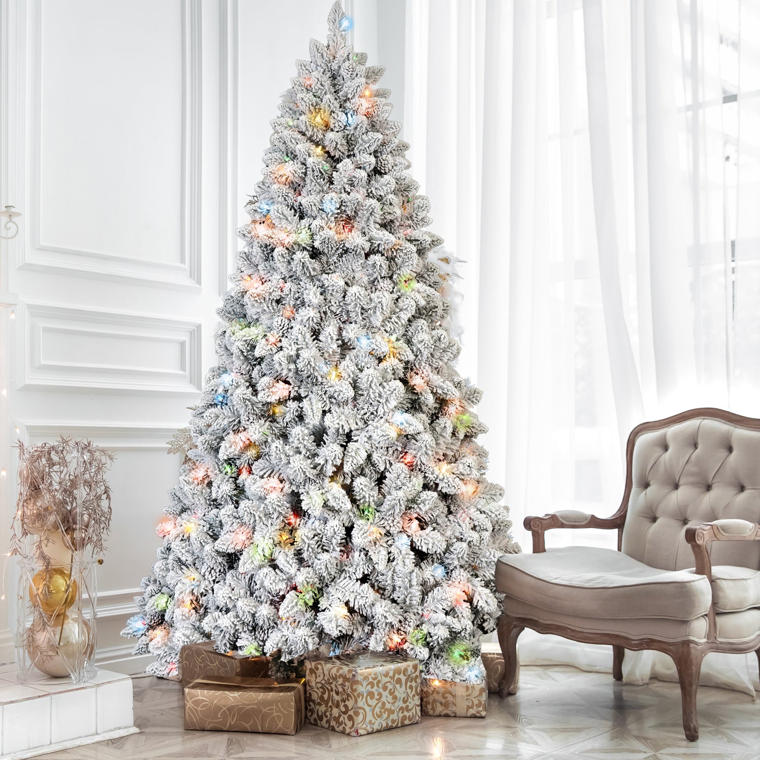 5FT Flocked Christmas Tree with 300 Colorful UL Lights and 27 Natural Pine Cones – 600 Snowy PVC Tips, Hinged Branches, Stable Metal Stand, Easy Setup