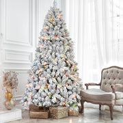 5FT Flocked Christmas Tree with 300 Colorful UL Lights and 27 Natural Pine Cones – 600 Snowy PVC Tips, Hinged Branches, Stable Metal Stand, Easy Setup