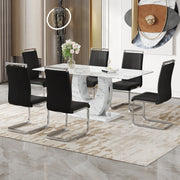 Table and chair set.Modern Simple Marble Pattern Dining Set - 71'x35.4' Table with 6 Black PU Chairs.White marble pattern sticker,Tempered glass tabletop,Featuring Arched Silver Metal Chair Legs.