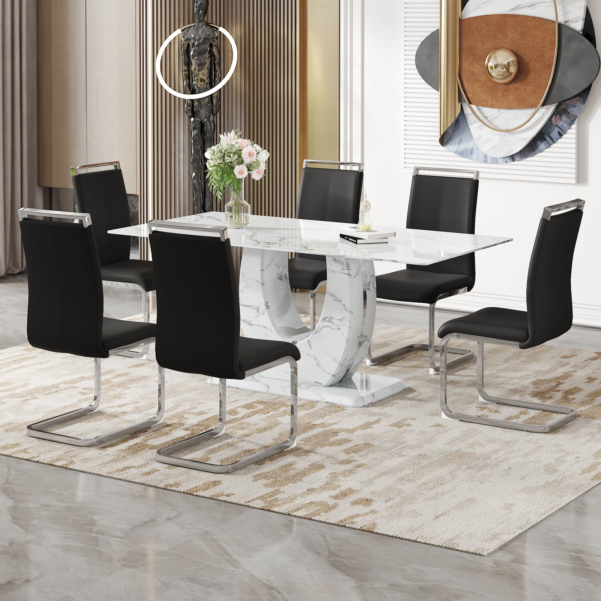 Table and chair set.Modern Simple Marble Pattern Dining Set - 71'x35.4' Table with 6 Black PU Chairs.White marble pattern sticker,Tempered glass tabletop,Featuring Arched Silver Metal Chair Legs.
