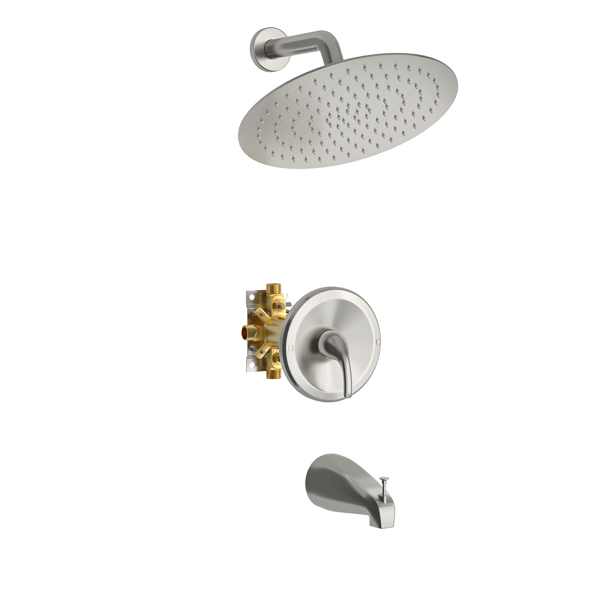 Brushed Nickel 10' Round Rain Shower Head System with Waterfall Tub Spout, Wall Mounted, Stainless Steel