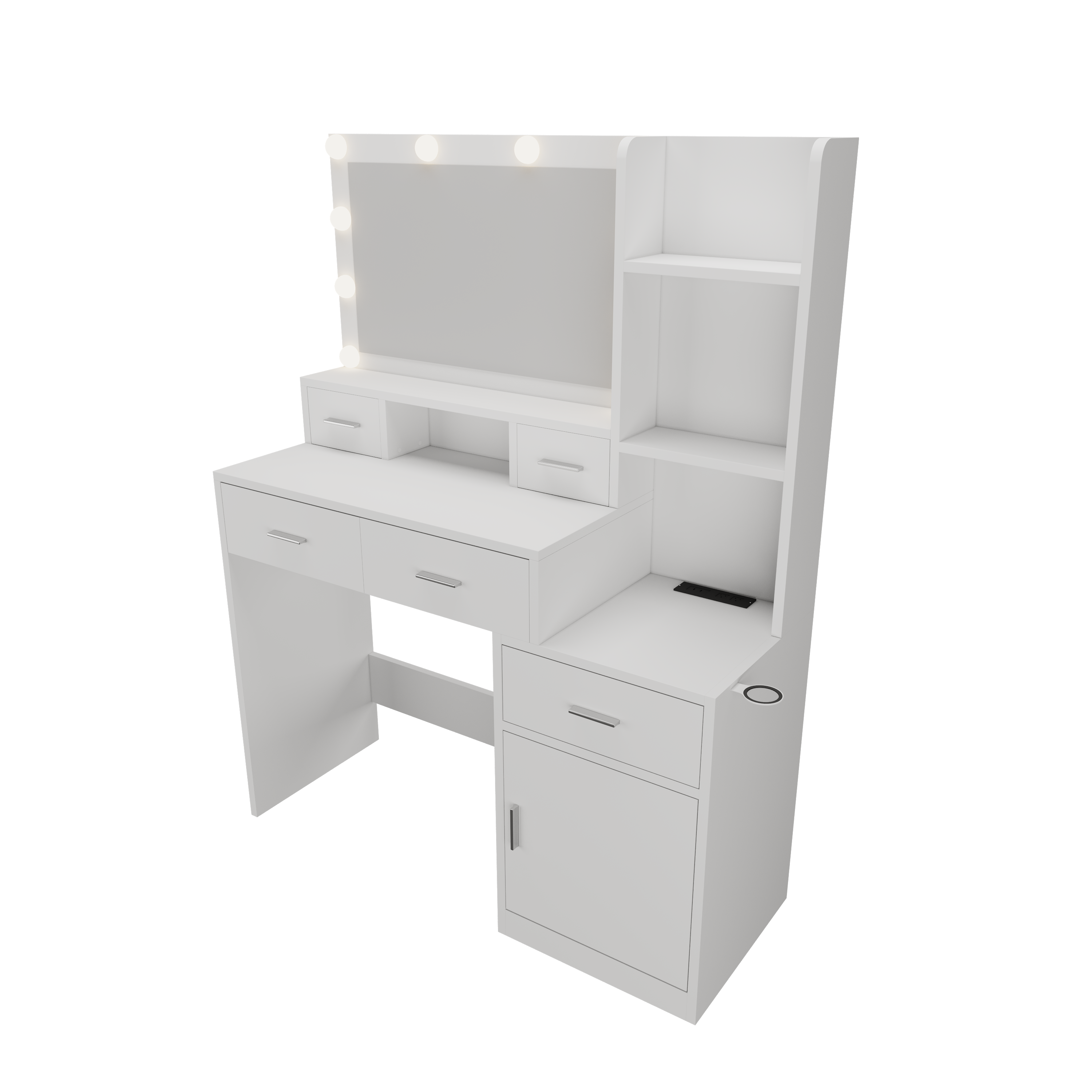 Modern Smart Mirror Dressing Table with Drawers and Storage Cabinet in White MDF and Glass for Bedroom