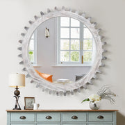 Vintage 42'' x 42'' Wood Round Hanging Gear Shape Heavy Decorative Mirror For Bathroom Living Room Entryway Or Put Together  To Your Liking.(Antique White Washed)