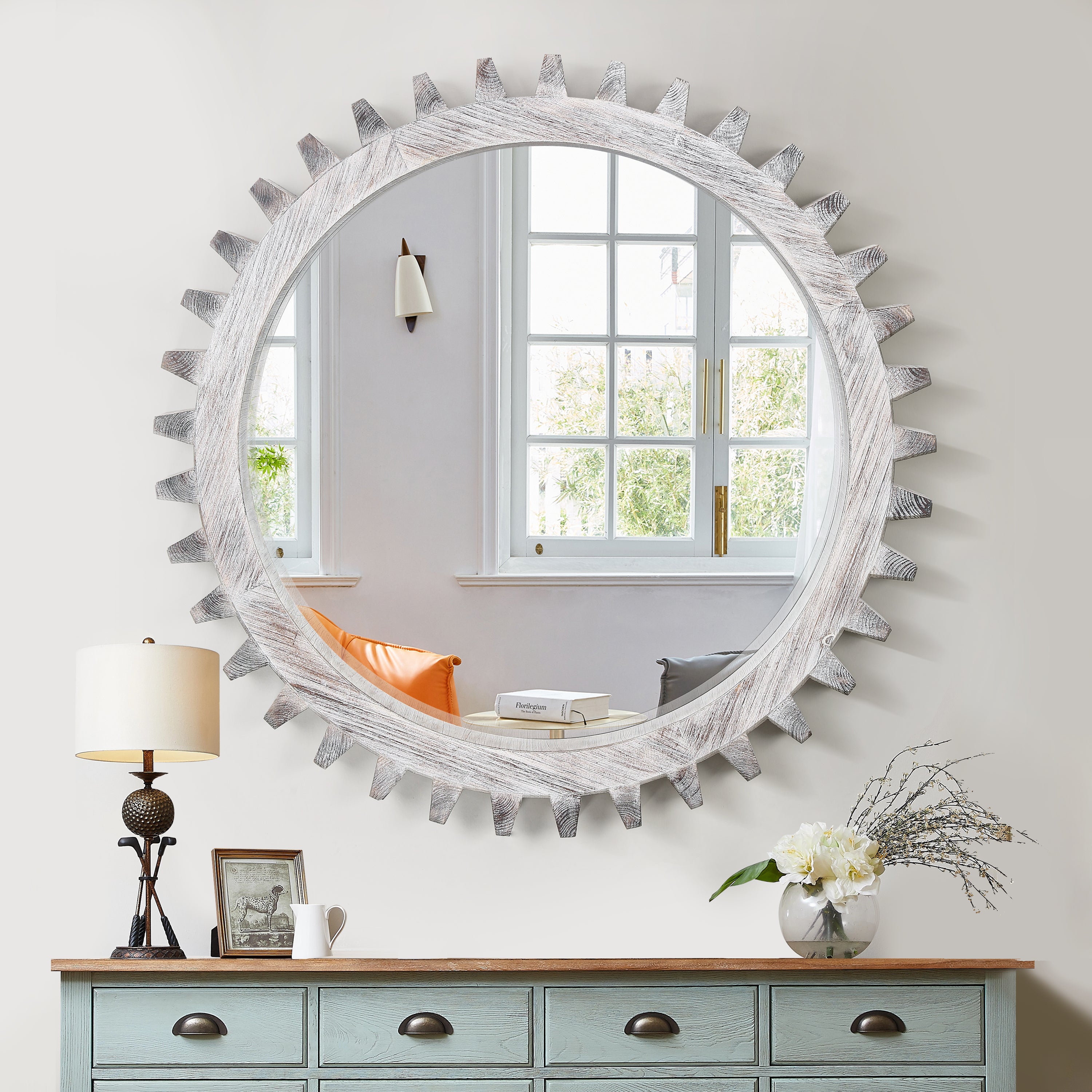 Vintage 42'' x 42'' Wood Round Hanging Gear Shape Heavy Decorative Mirror For Bathroom Living Room Entryway Or Put Together  To Your Liking.(Antique White Washed)