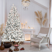 9FT Flocked Christmas Tree with 850 UL Lights and 63 Natural Pine Cones – Snowy PVC Tips, 2240 Tips, Hinged Structure, Stable Metal Stand, Easy Setup