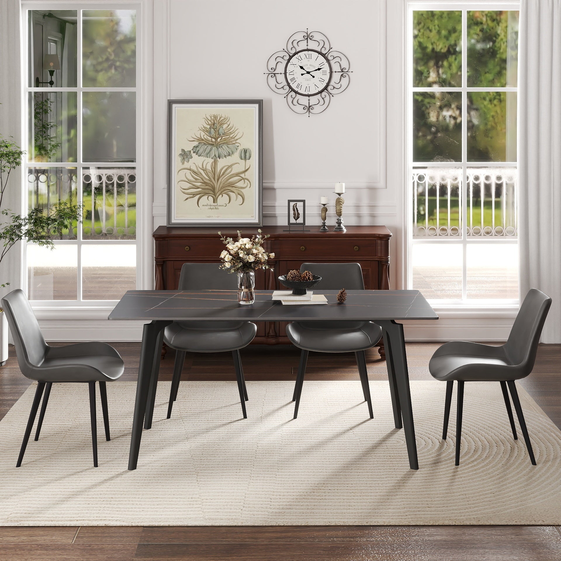 62.99' Modern Artificial Stone Black Straight Edge Black Metal Leg Dining Table-Can Accommodate 6 People(Dining Table Only)