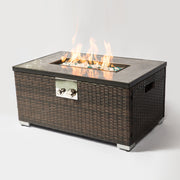 32' Propane Gas Fire Pit Table, 50000 BTU Rectangular Fire Pit, Tile Tabletop with Beautiful Wicker Base for Outside Patio Deck Garden Courtyard-Brown