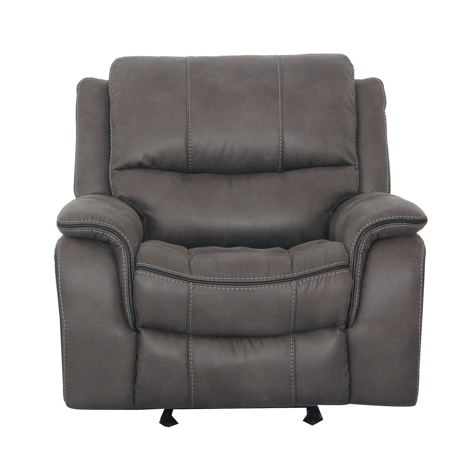 Transitional Style Dark Gray Finish Glider Recliner Arms Pillow Top Blocked Hardware Frame Fully Upholstered Primary Living Rom