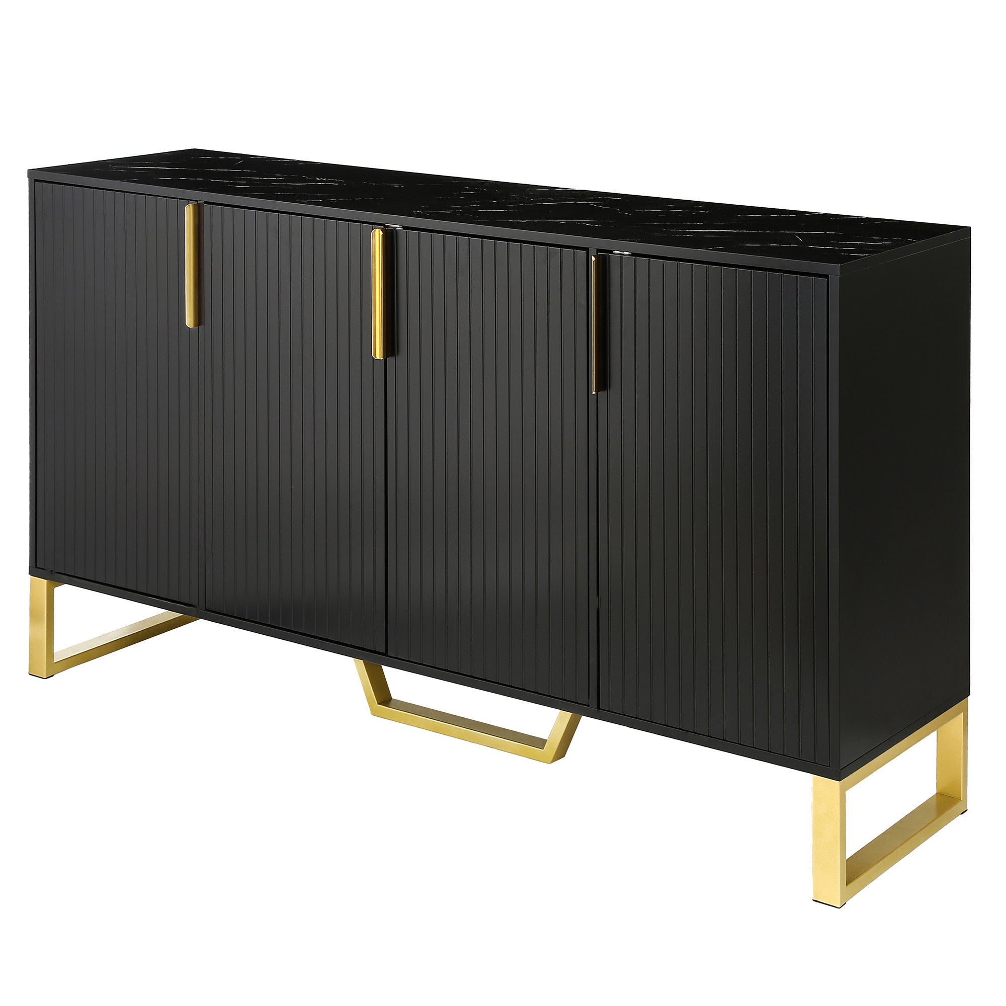 TREXM Modern Sideboard with Four Doors, Metal Handles & Legs, Adjustable Shelves, Black MDF & Particle Board