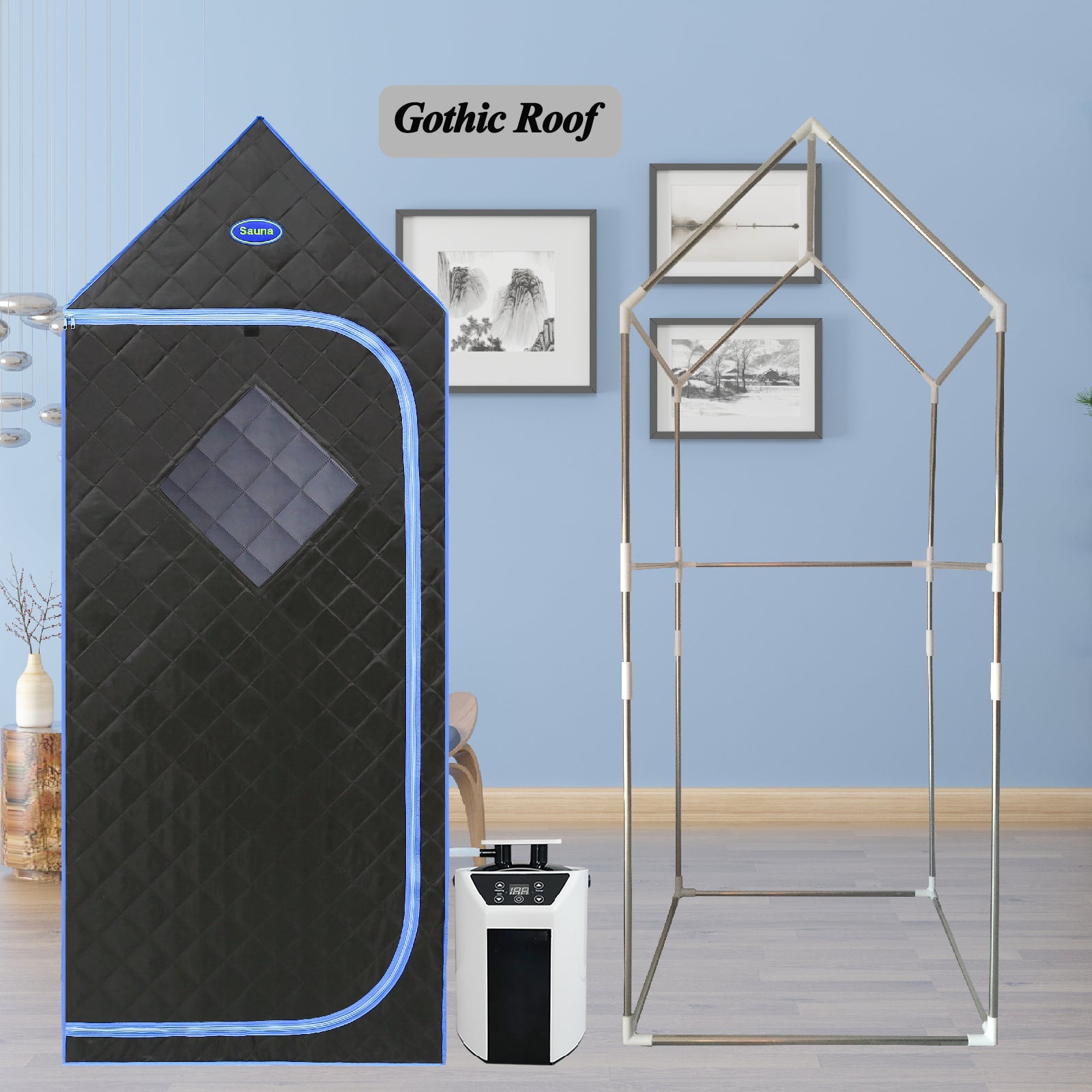 Portable Gothic Roof Plus Type Full Size Steam Sauna tent. Spa, Detox ,Therapy and Relaxation at home. Larger Space, Stainless Steel Pipes Connector Easy to Install. FCC Certification--Black