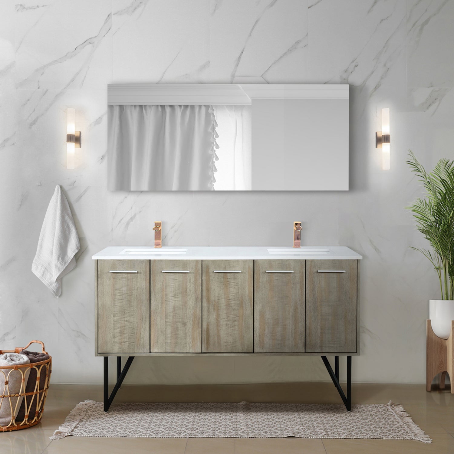 Rustic Acacia Double Bath Vanity 60 in. W x 20 in. D, White Quartz Top and Rose Gold Faucet Set