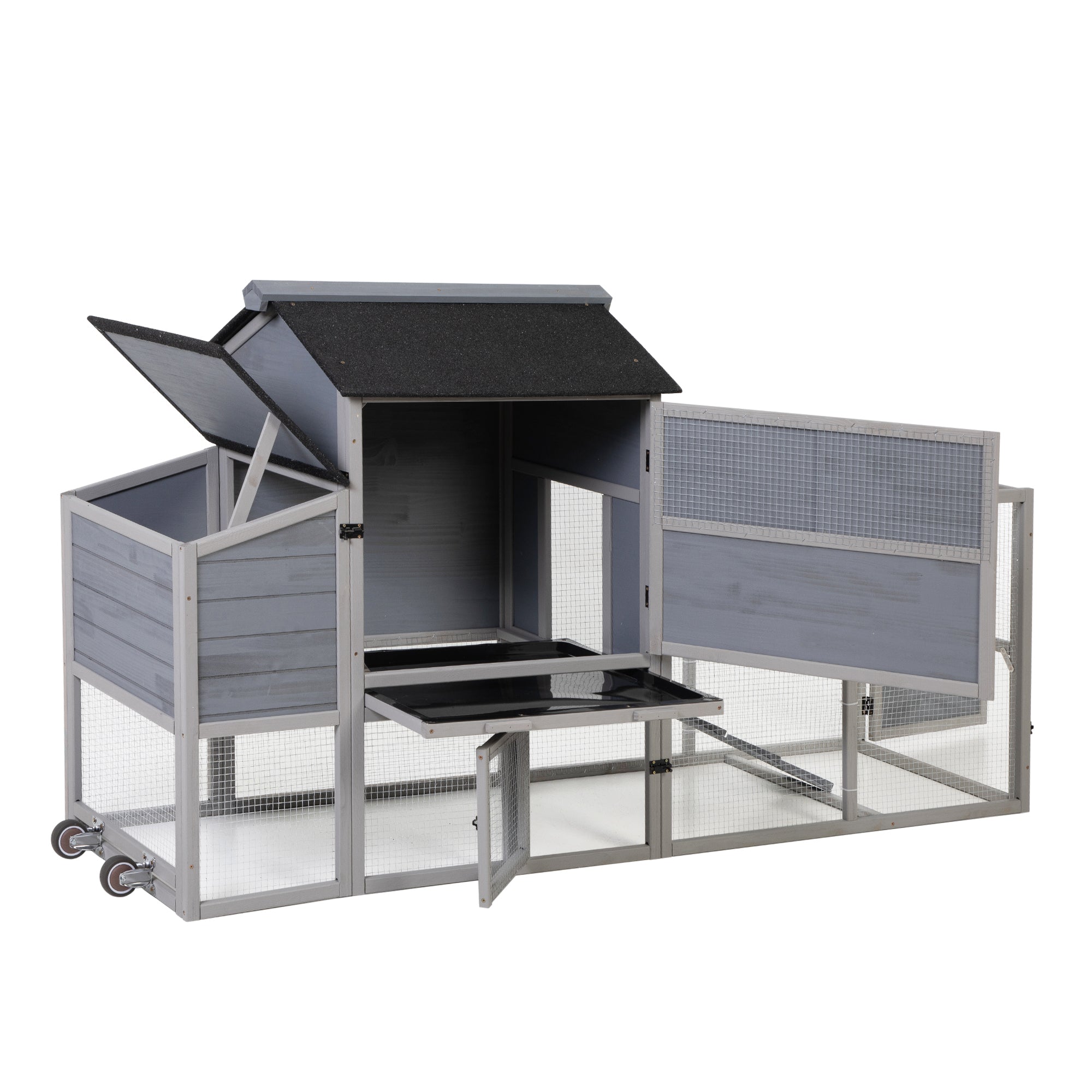 Portable Mobile Chicken Coop with Nesting Box, Sleeping Room, Run, Window, Sun Board, Doors, Pull-Out Tray, Wheels, Outdoor Backyard Pen for Small Animals, Gray with Colorful Patterns
