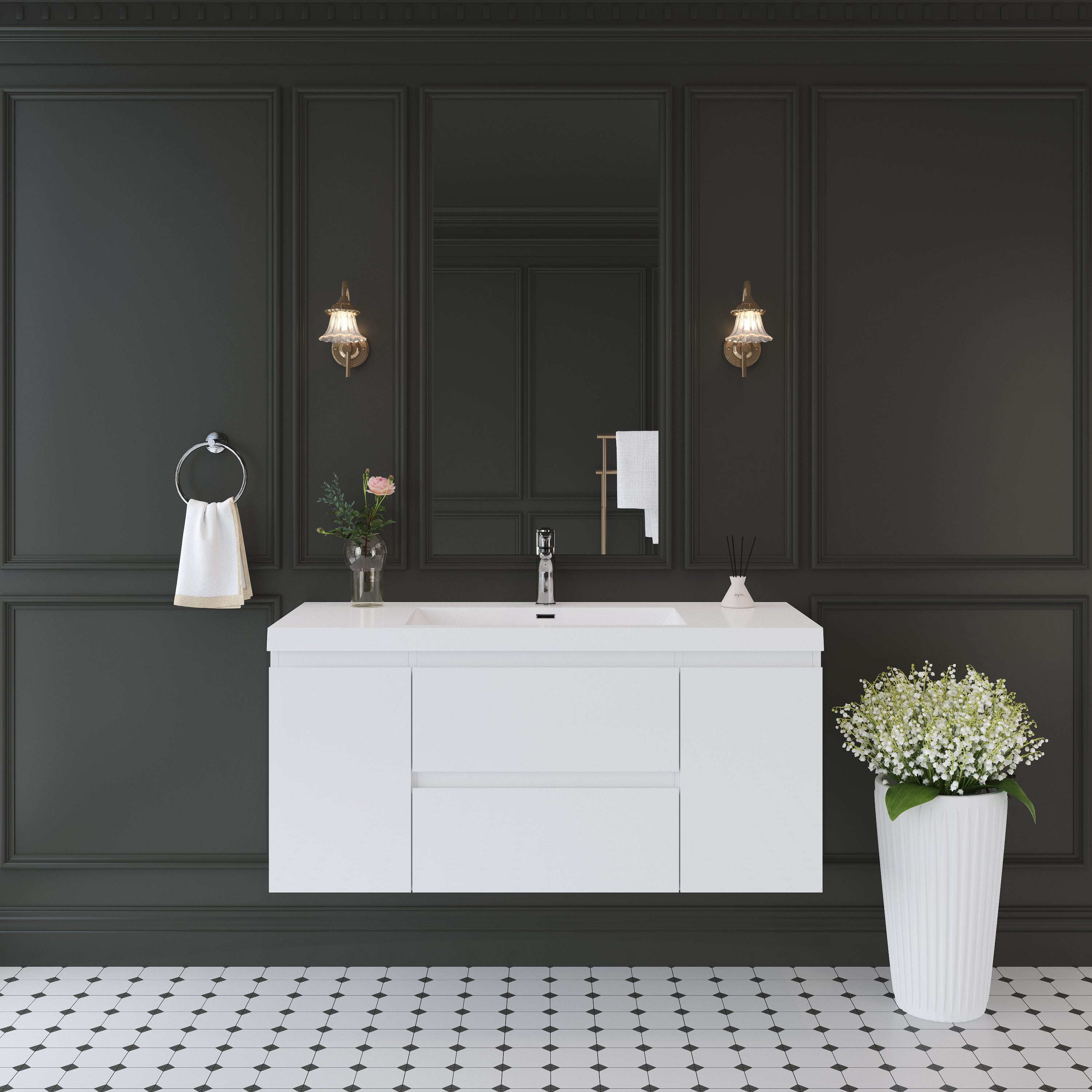 48' Floating Bathroom Vanity with Sink, Modern Wall-Mounted Bathroom Storage Vanity Cabinet with Solid Surface Top Basin and Soft Close Drawers, Glossy White 24V11-48GW
