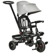 Baby Tricycle 4 In 1 Trike w/ Reversible Angle Adjustable Seat Removable Handle Canopy Handrail Belt Storage Footrest Brake Clutch for 1-5 Years Old Grey