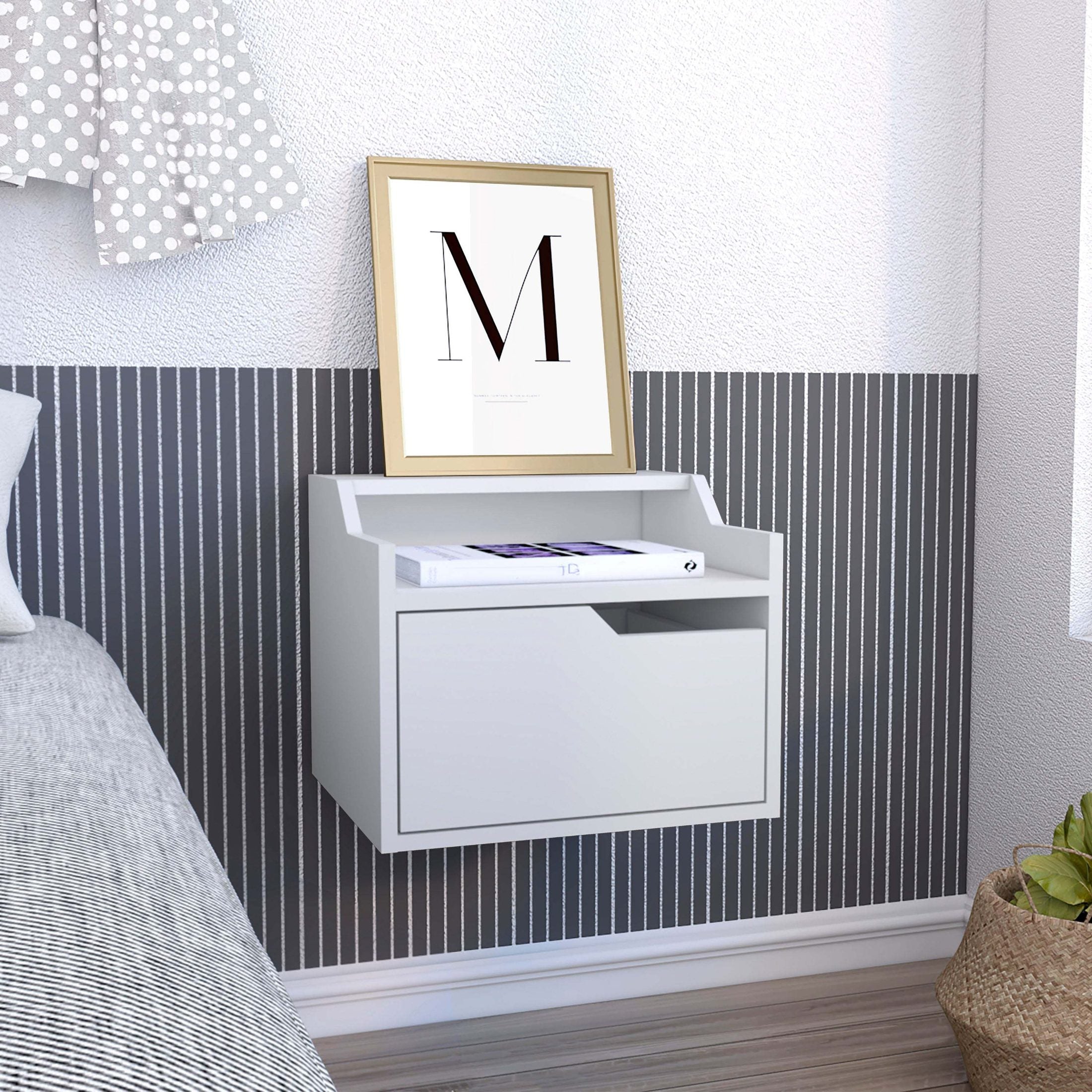 Busan Modern Floating Nightstand , End Table, Side Table Single-Drawer Design with Sleek Two-Tiered Top Shelf Surfaces- White - Bedroom