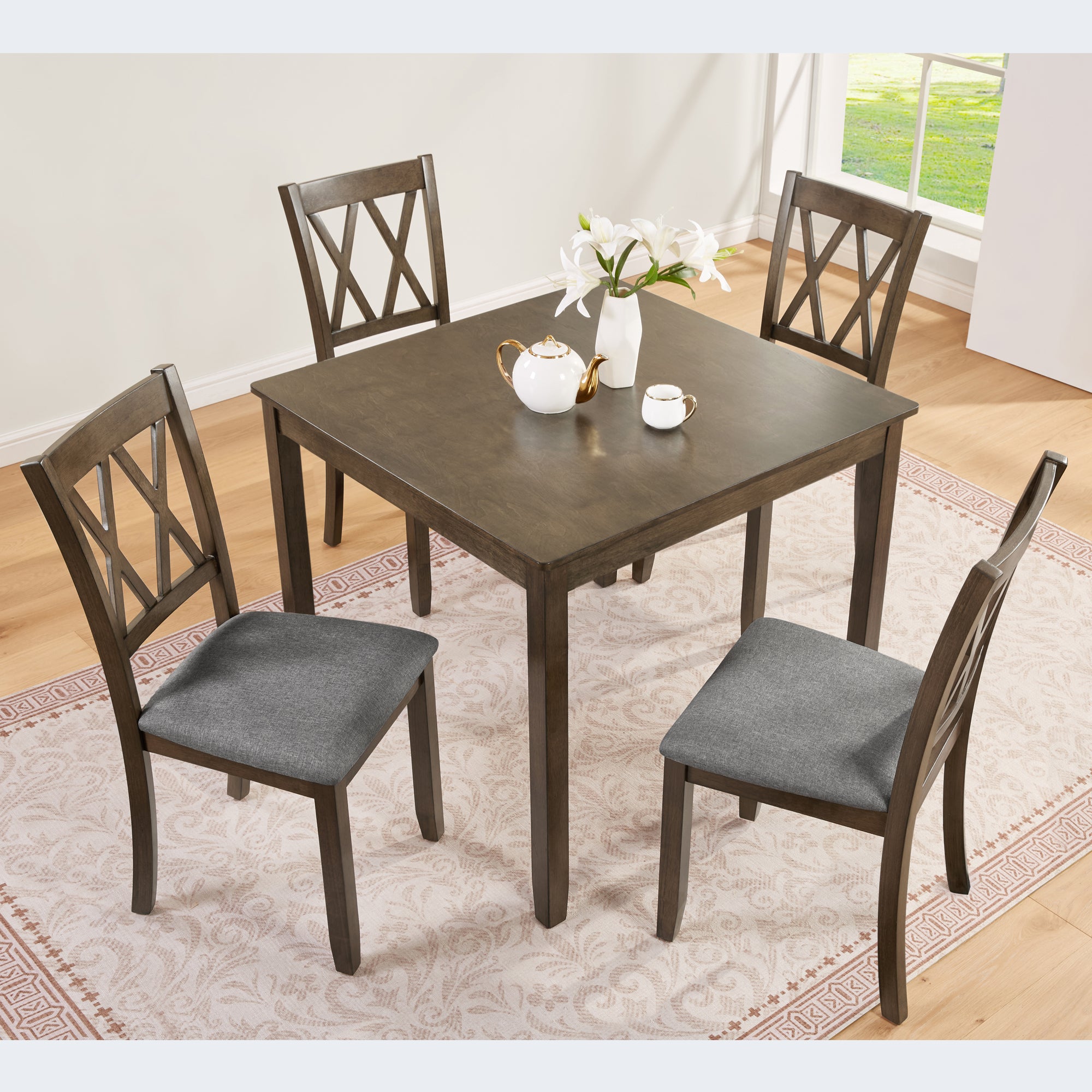 Elegant 5-piece Wooden Dining Table Set with 4 Chairs, Dining Table Set for 4 People, Modern 4 Person Dining Table Set for Living Room, Kitchen and Dining Room, Walnut