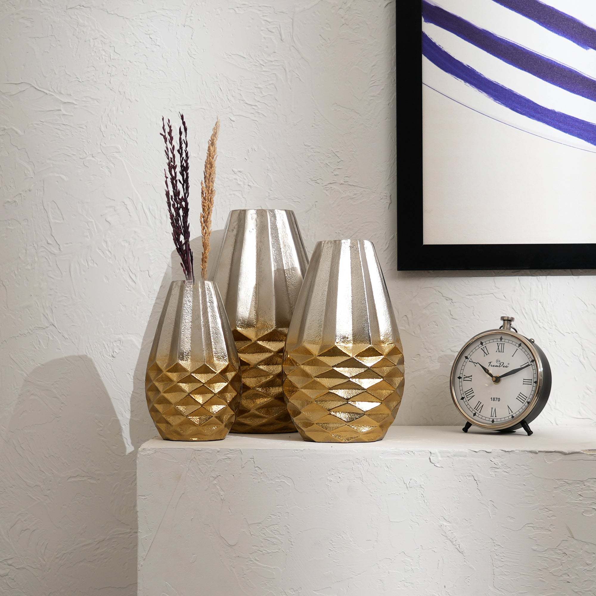 Decorative Golden Beehive Design Aluminum Vases – Set of 3 Gold & Nickel Finish Table Accents