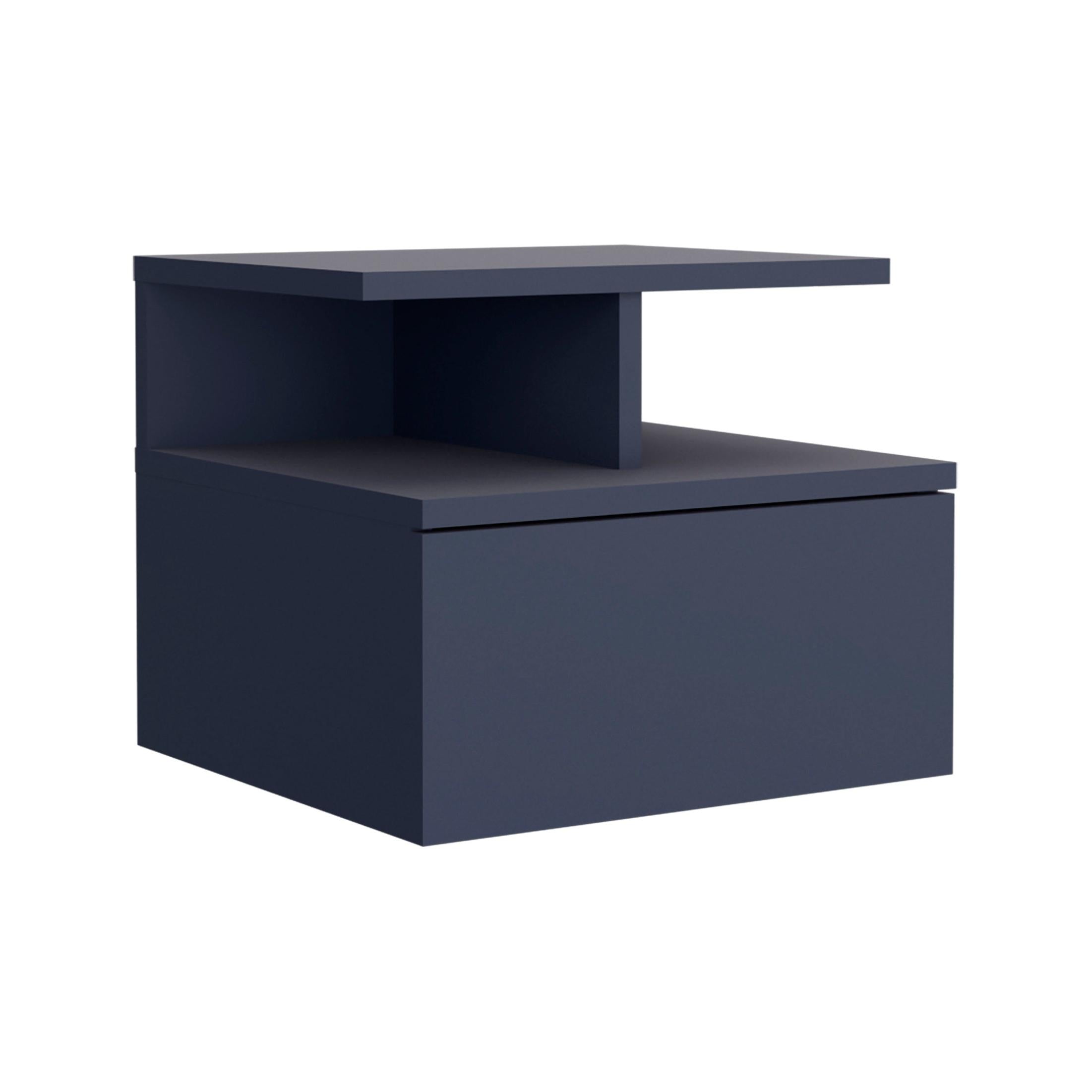 Adele Floating Nightstand, With One Drawer And Two Small Below Shelves For Storage or Decor, Blue