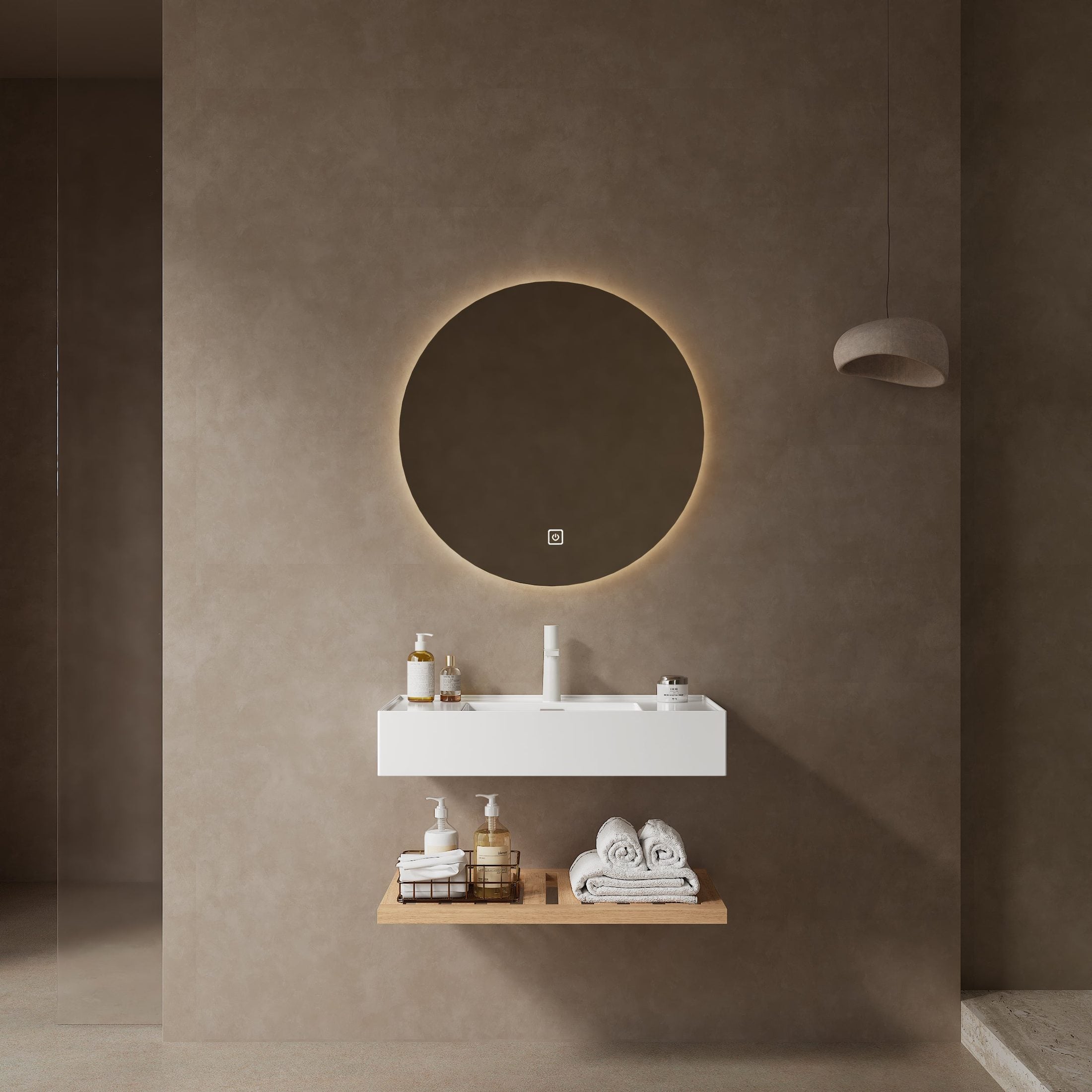 LEDE 30' Bathroom Vanity with Vessel Sink, Wall-Mounted Floating White Rectangular Acrylic Integrated Basin without Faucet, Striped Shelves Layer, Natural Woodgrain Color