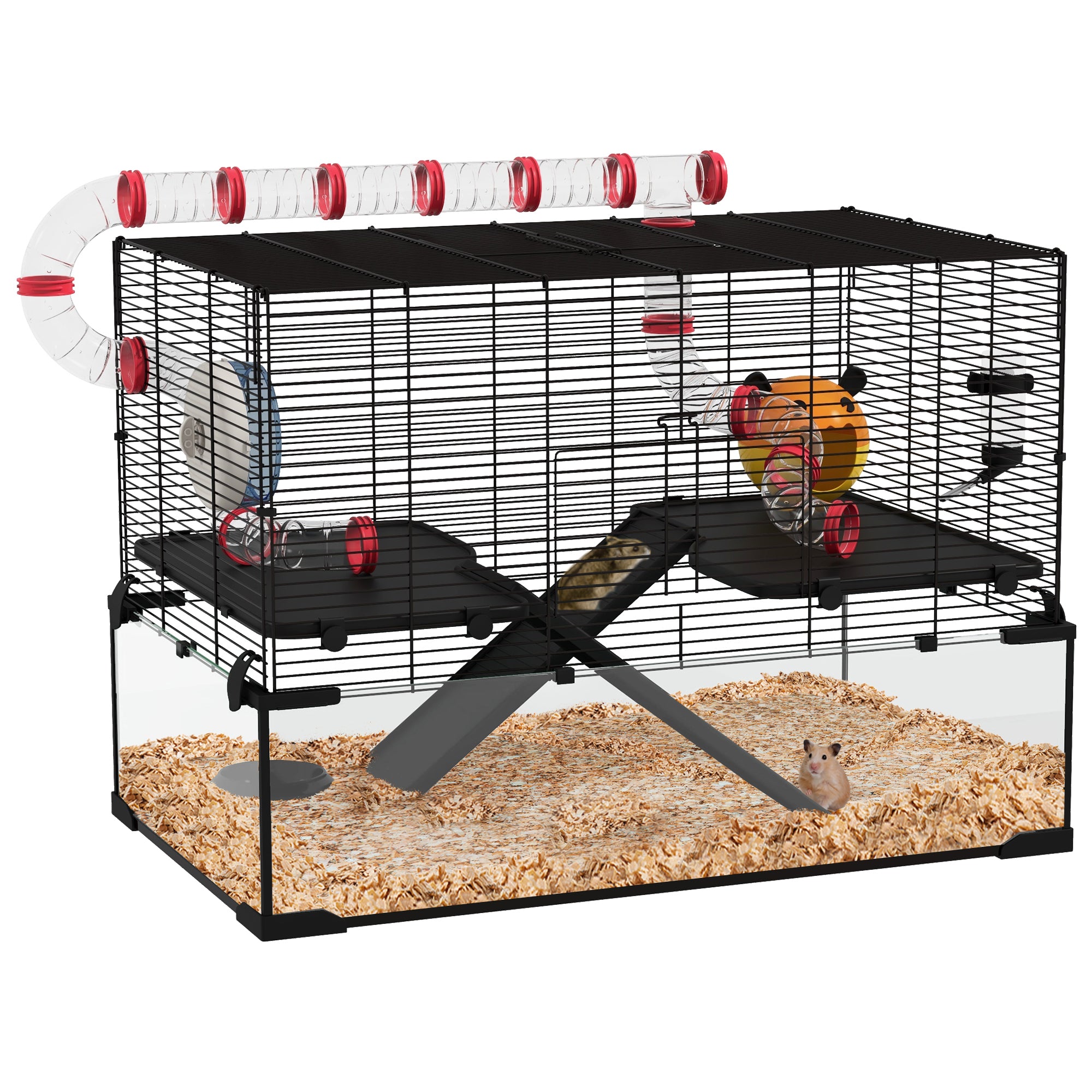 PawHut 31' Extra Large Hamster Cage with Tube Tunnel, Small Animal Cage for Dwarf Hamster, Rat, Gerbil Cage with Deep Glass Bottom, Water Bottle, Food Dish, Exercise Wheel, Ramps