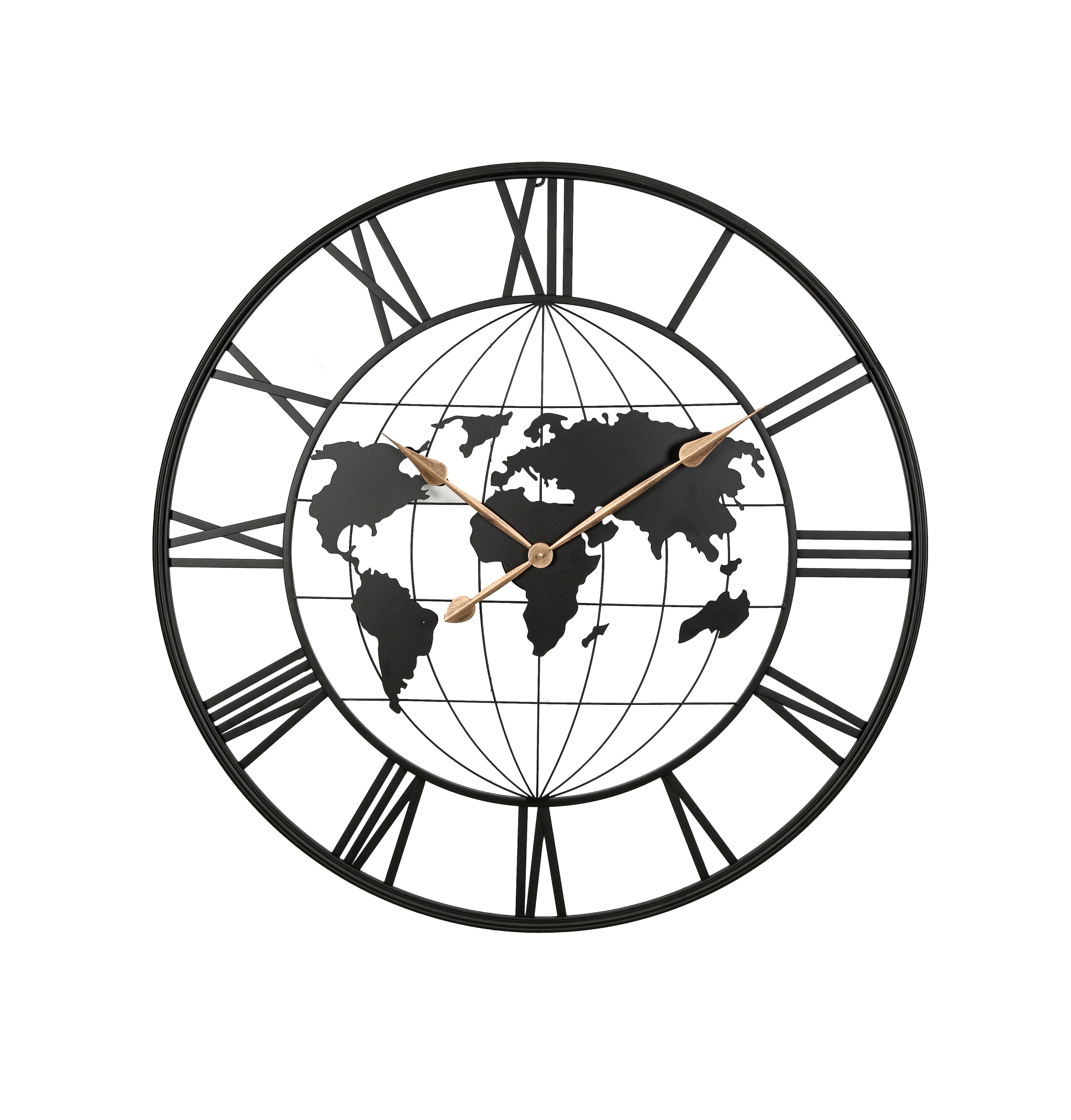36 Inch Large Black Metal Wall Clock, Modern Silent World Map Wall Clock with Gold Pointers, Decorative for Living Room, Entryway, Dinning Room, Bedroom