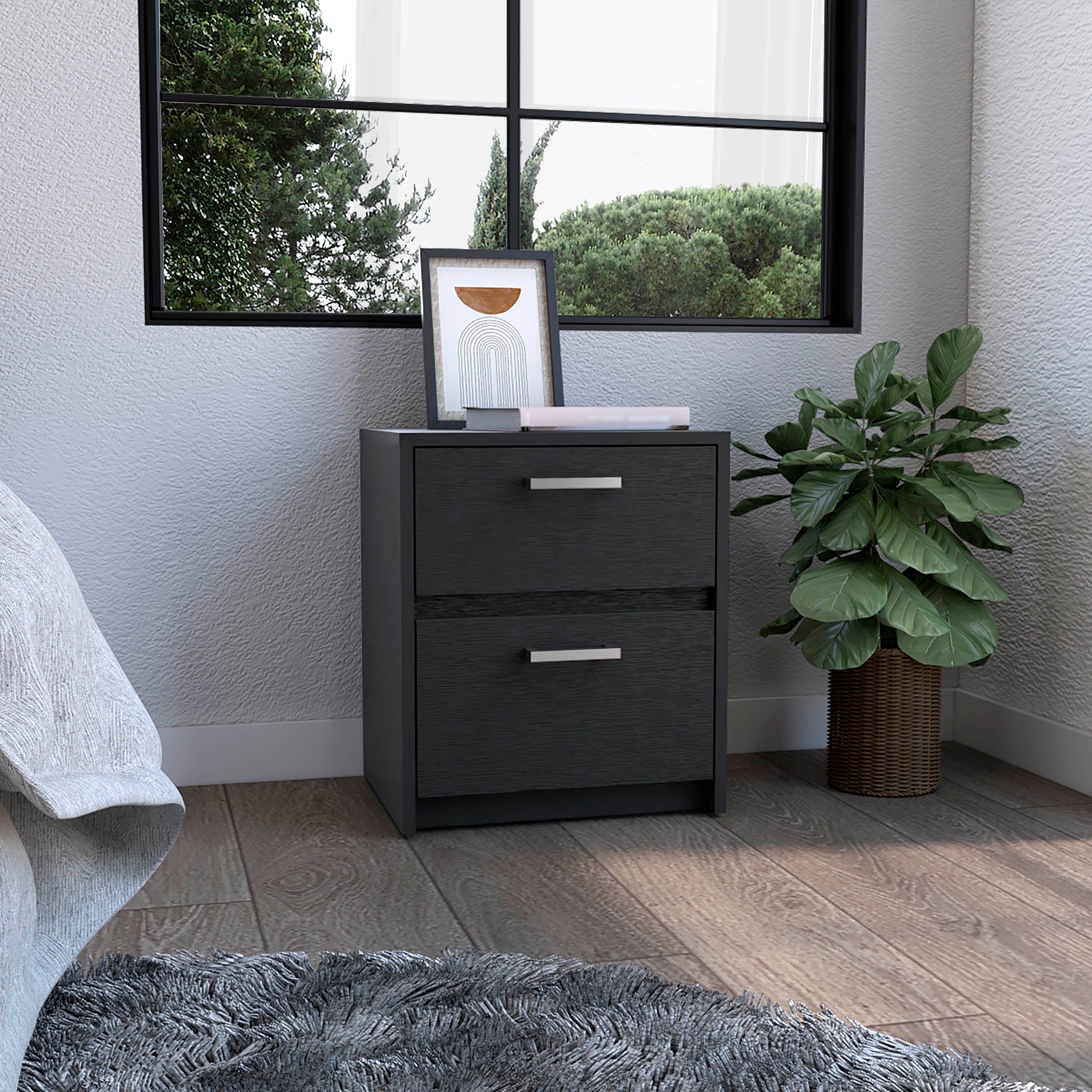 Nightstand 18'H , 2 Drawers with Metal Handles, Black