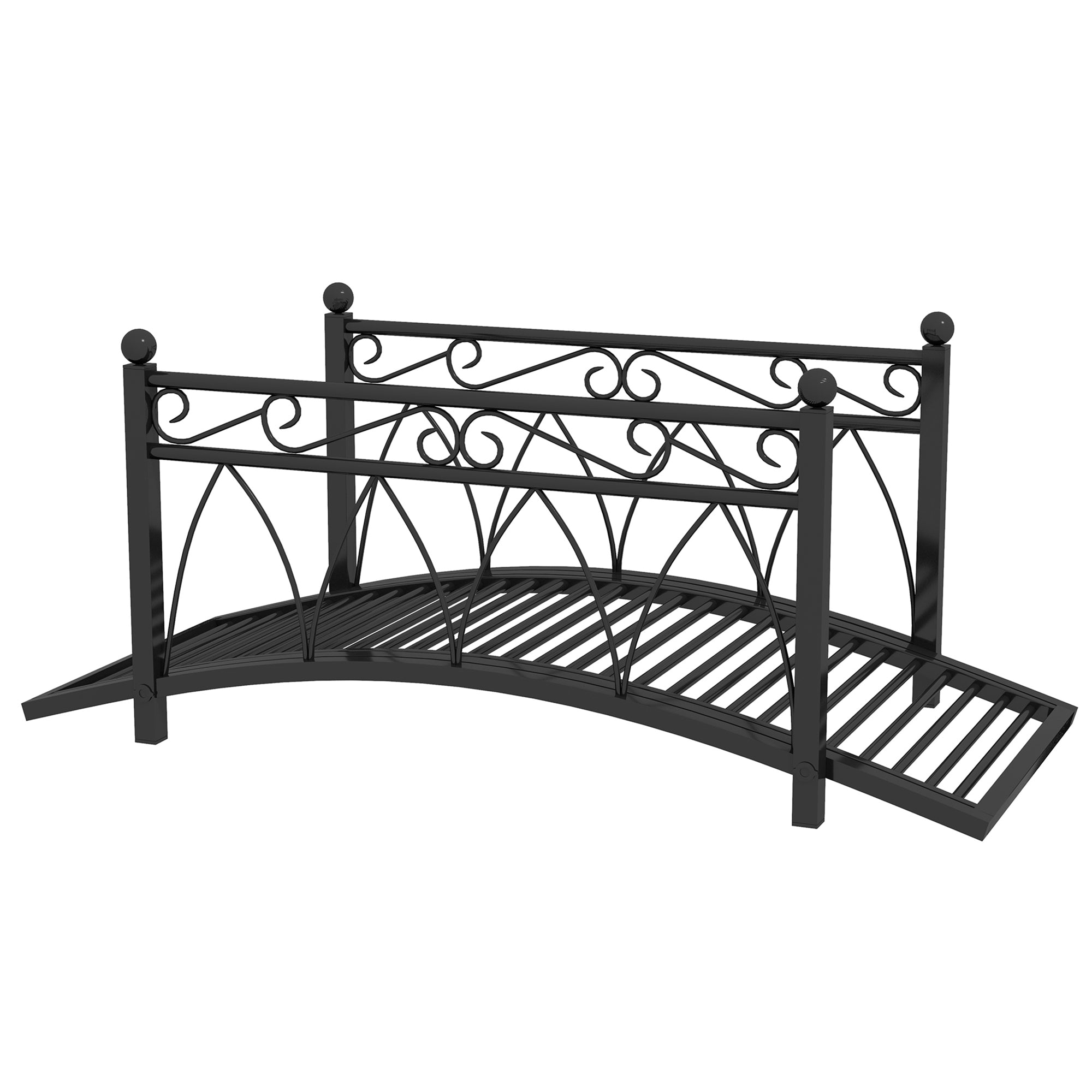 Outsunny 3.3' Metal Arch Zen Garden Bridge with Safety Siderails, Decorative Footbridge, Delicate Scrollwork & Corner Spheres for Stream, Fish Pond, Black