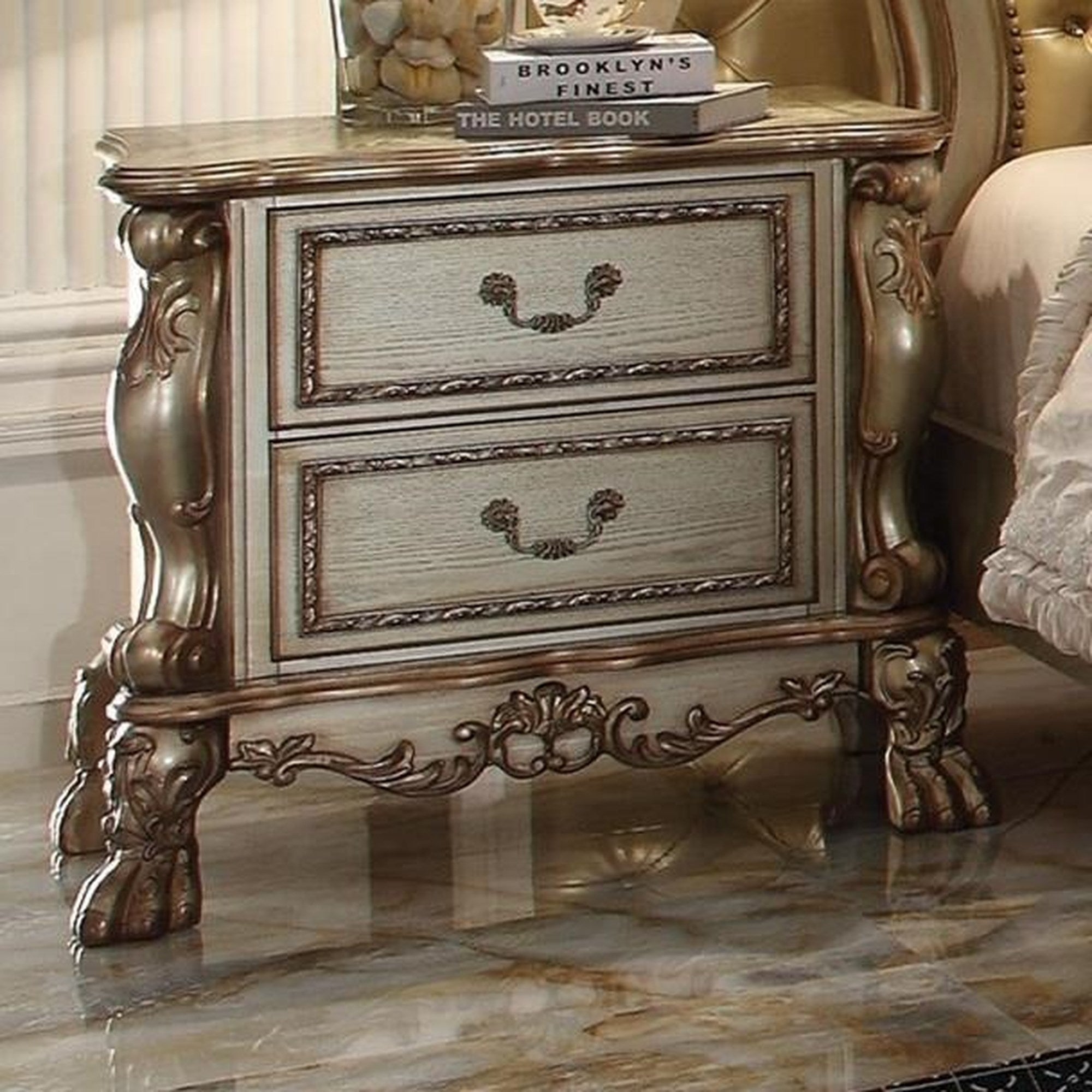 Gold Patina and Bone 2-Drawer Nightstand