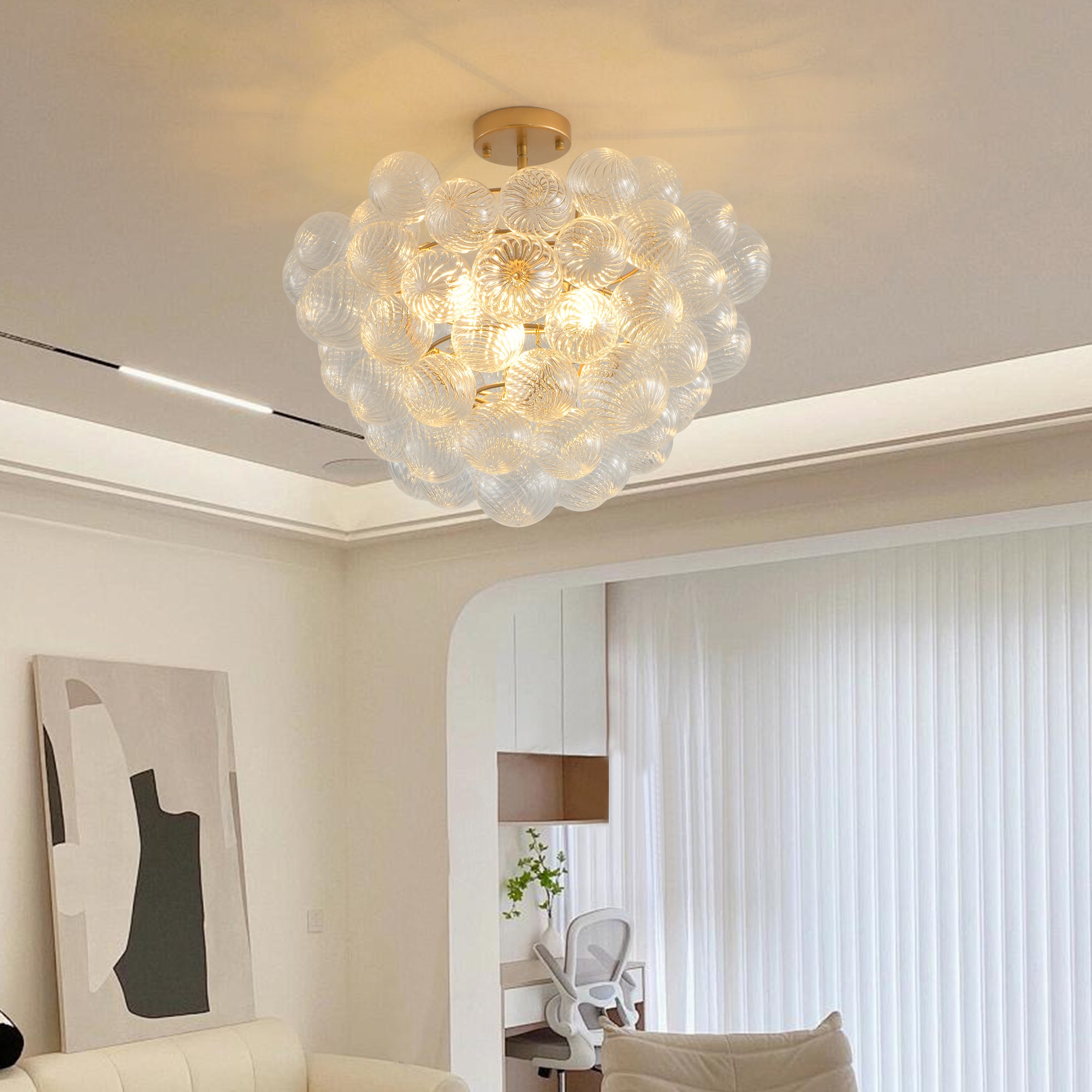 20-Inch Gold Ceiling Pendant Light with Threaded Clear Glass Globe Shade – Ideal for Living Room, Dining Room, Kitchen (Non Adjustable Height, No Bulbs)