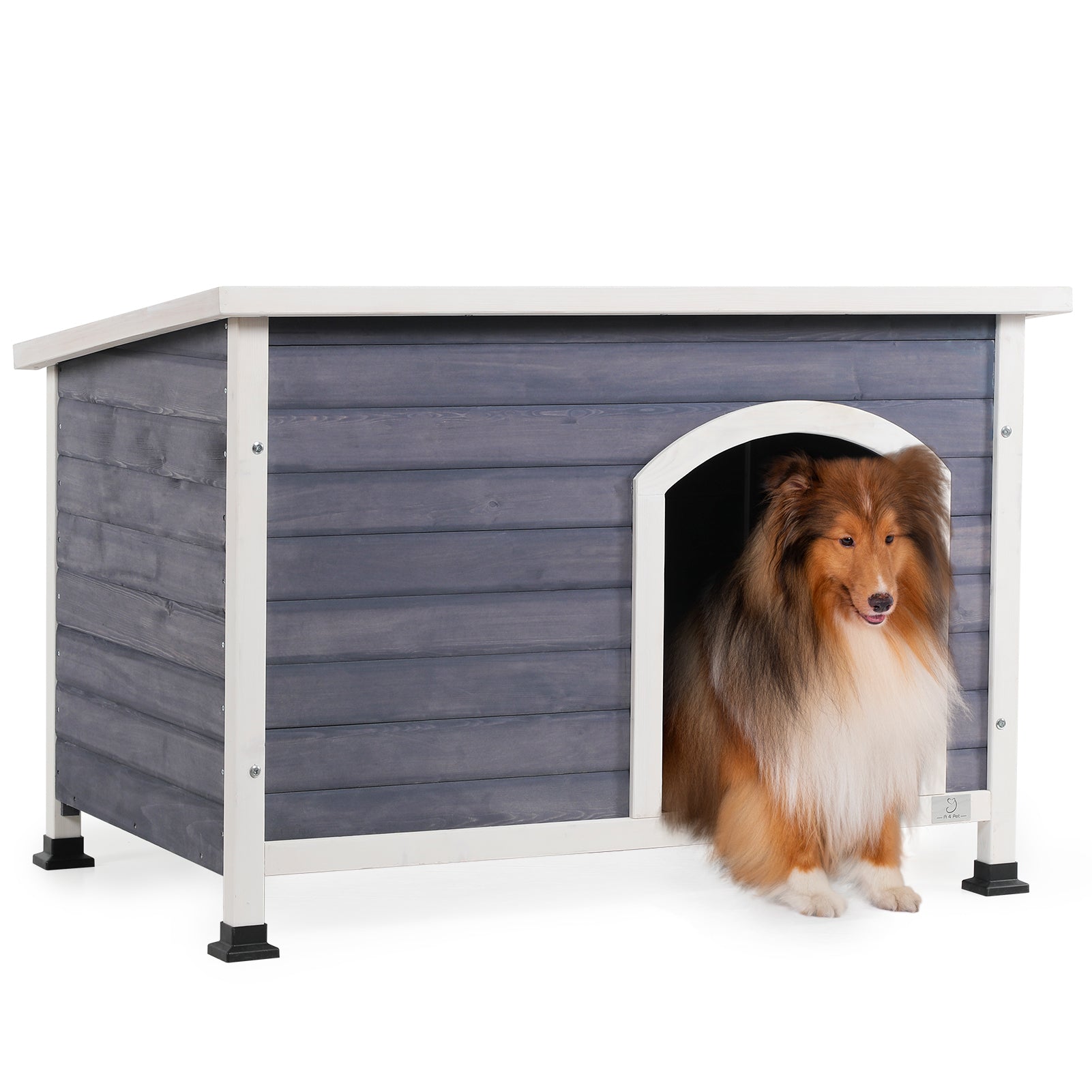 Medium Wooden Outdoor Dog House with Waterproof Roof and Elevated Floor in Grey