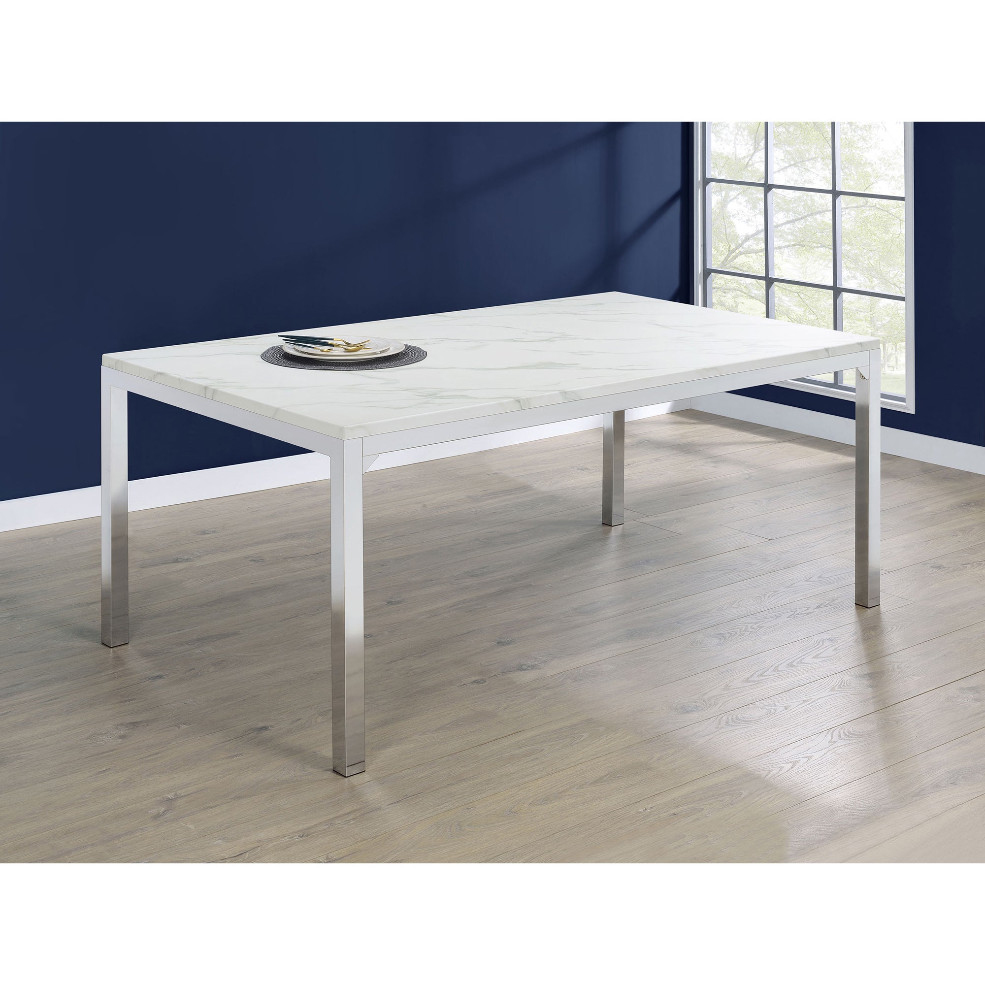 Caston Chrome and White Faux Mable Top Dining Table