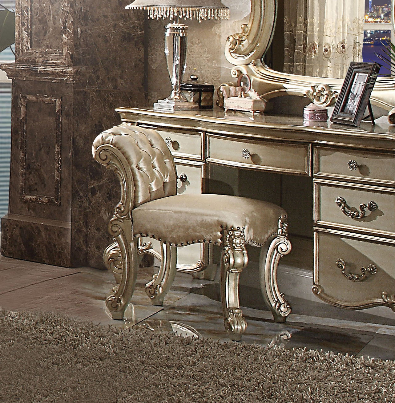 Vendome Fabric, Gold Patina & Bone Finish Vanity Stool