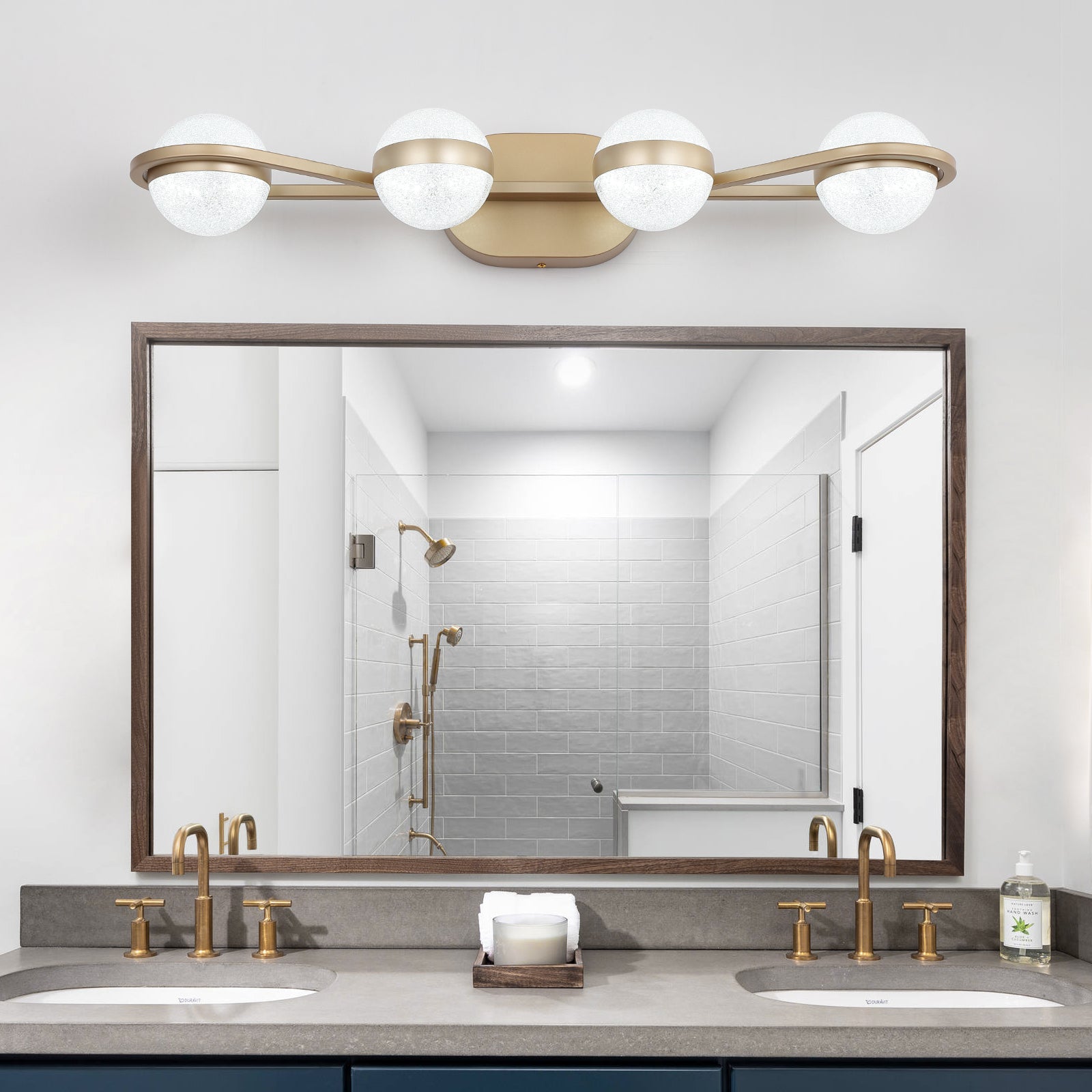 28' Golden Minimalist LED Bathroom Vanity Light with Crystal Sand Acrylic Shades, 4-Light Wall Mounted Decorative Lighting Fixture, Suitable for Bathroom Vanity Mirror