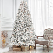 7FT Flocked Christmas Tree with 500 UL Lights and 45 Natural Pine Cones – Snowy PVC Tips, 1124 Tips, Hinged Structure, Stable Metal Stand, Easy Setup