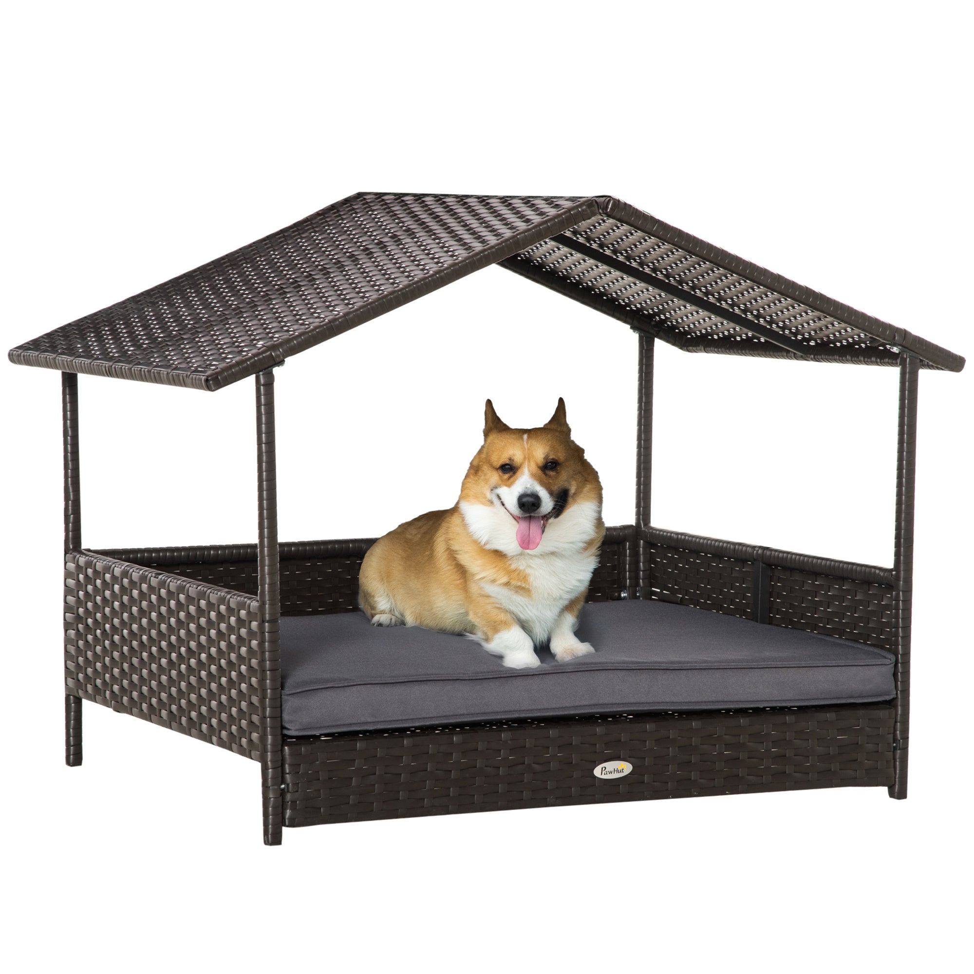 PawHut Wicker Dog House Outdoor with Canopy, Rattan Dog Bed with Water-resistant Cushion, for Small and Medium Dogs, Gray