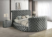 Luxurious Queen Size Bed Nightstand Set Deeply Tufted Headboard Nail Head Trim Upholstery Grey Velvet Footboard Integrated Television Lift Mechanism Built-in Electric Fireplace Storage 3pc Set