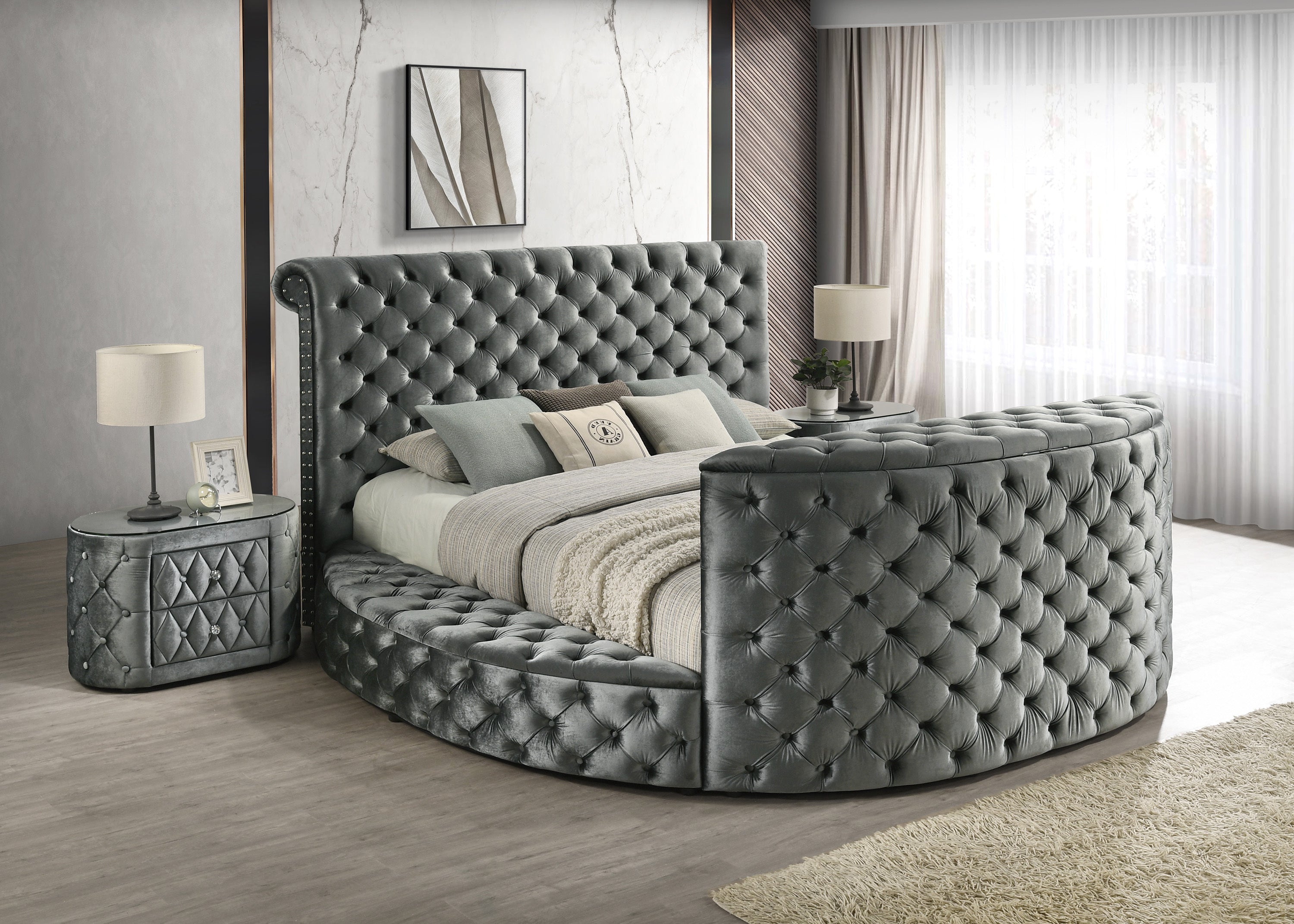 Luxurious Queen Size Bed Nightstand Set Deeply Tufted Headboard Nail Head Trim Upholstery Grey Velvet Footboard Integrated Television Lift Mechanism Built-in Electric Fireplace Storage 3pc Set