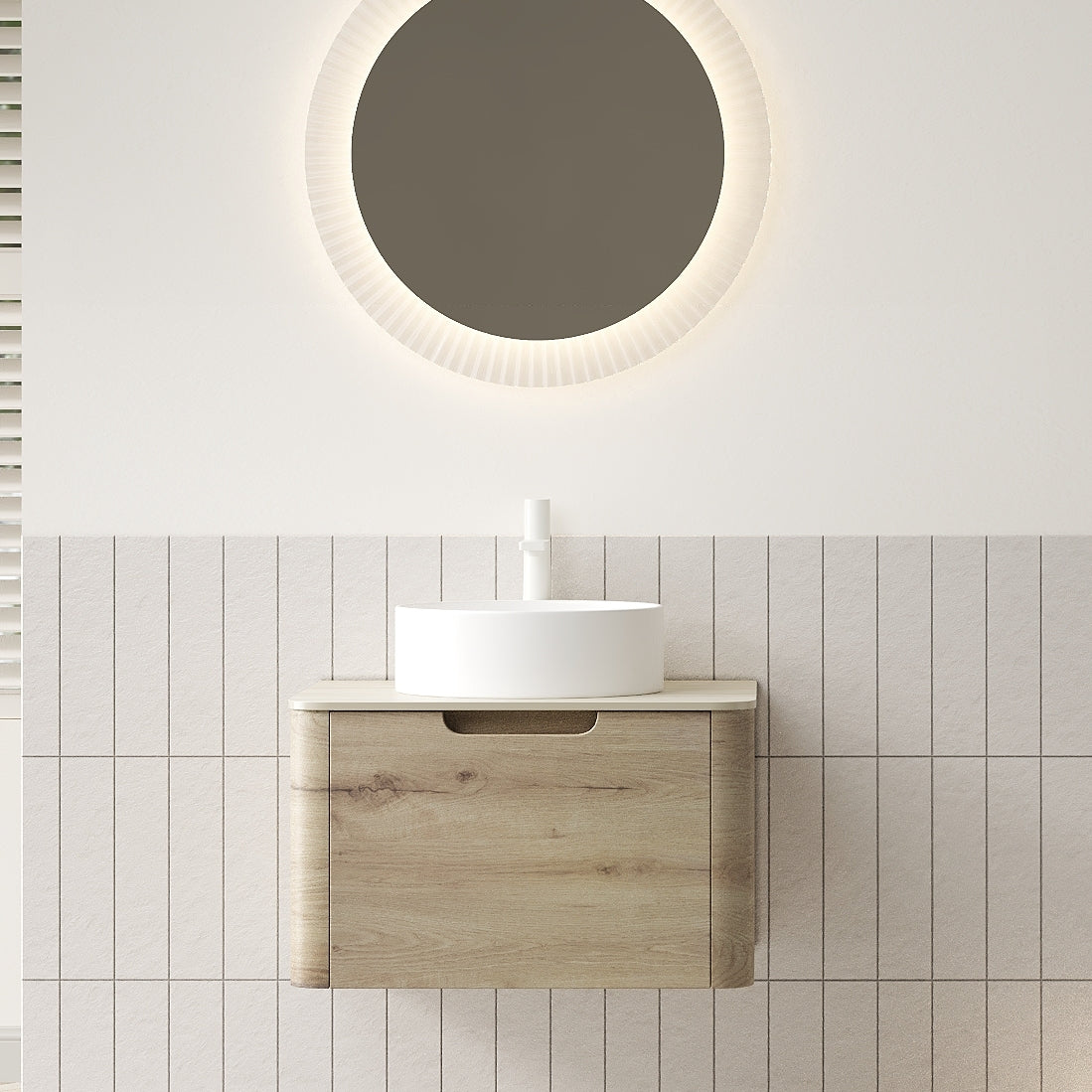 XAI 24' Bathroom Vanity with Sink, Wall-Mounted Plywood Storage Cabinet with Drawer, White Round Ceramic Basin and Roma Travertine-Pattern Sintered Stone Top, Pre-assembled, White Oak Woodgrain Color