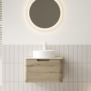XAI 24' Bathroom Vanity with Sink, Wall-Mounted Plywood Storage Cabinet with Drawer, White Round Ceramic Basin and Roma Travertine-Pattern Sintered Stone Top, Pre-assembled, White Oak Woodgrain Color