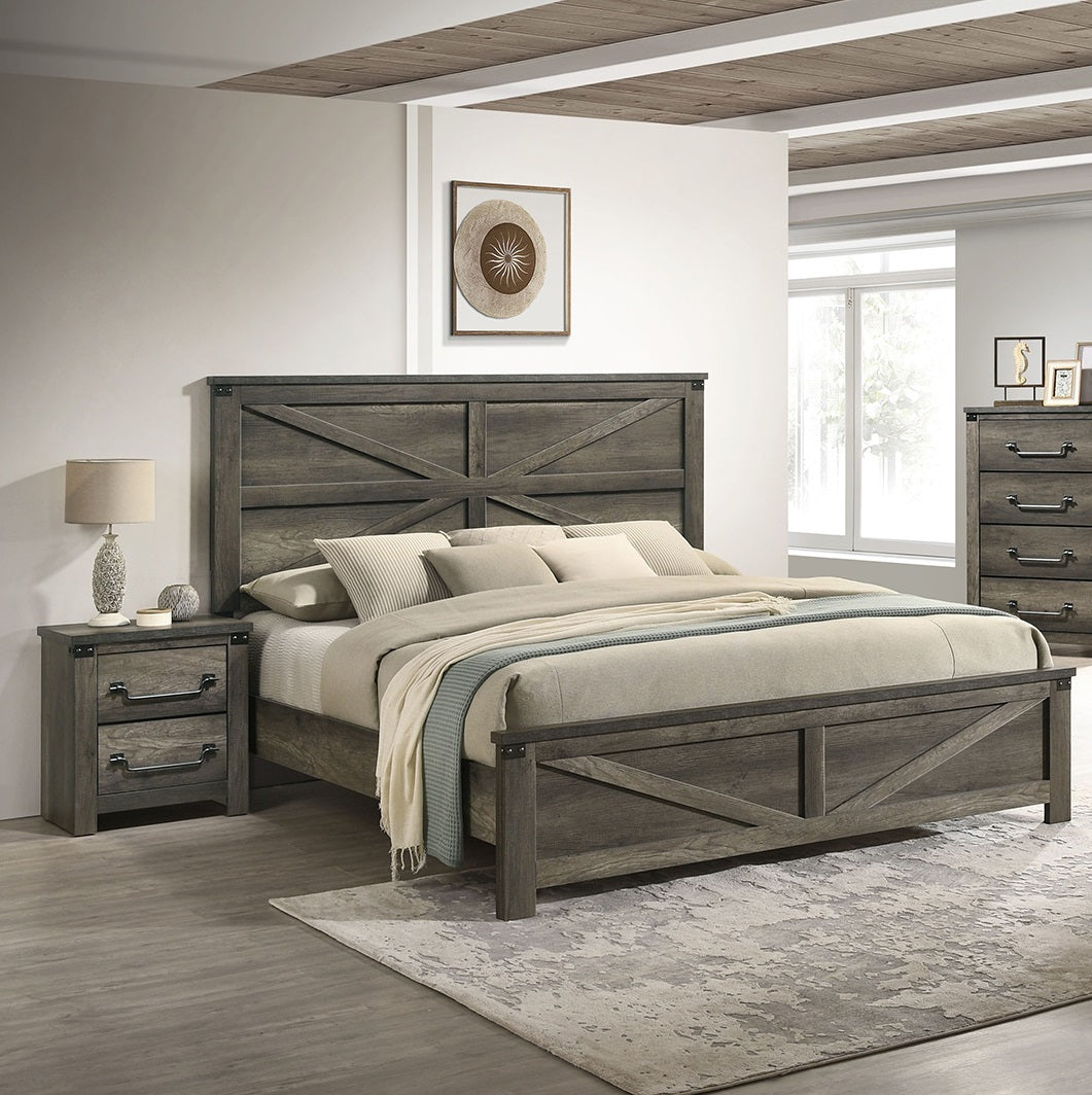 Rustic Gray 3pc Set Eastern King Size Bed 2x Nightstands Unique Design Headboard Bedroom Furniture Metal Accents