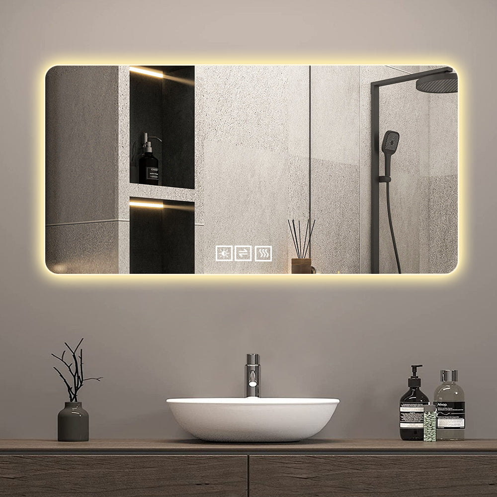 28*60in Frameless with light LED bathroom mirror, corrosion-resistant, three-color dimmable, backlit mirror with one-touch demist function