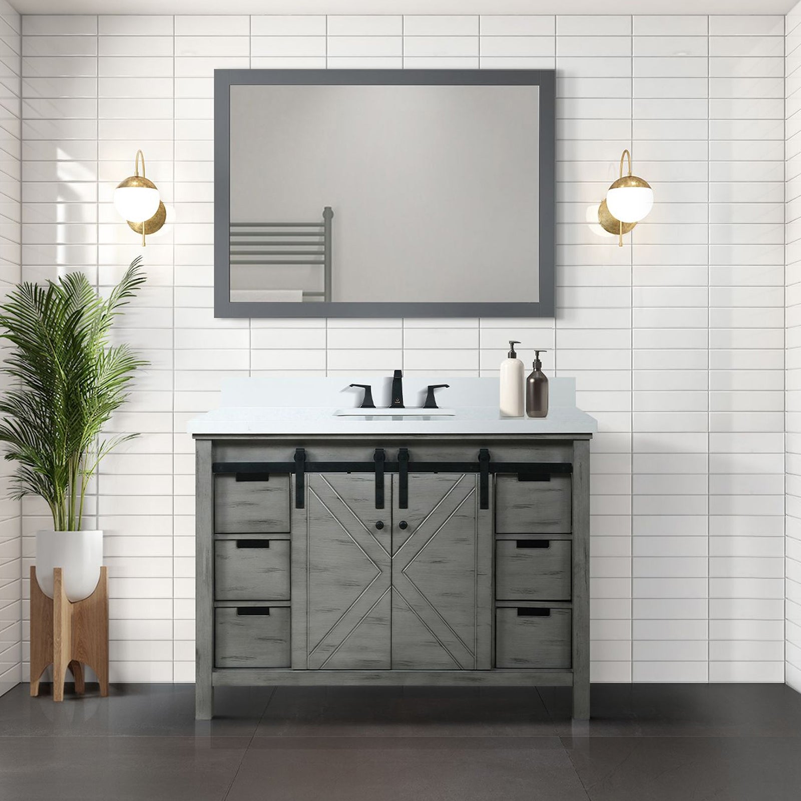Ash Grey Bath Vanity 48 in. W x 22 in. D, White Quartz Countertop and Faucet Set