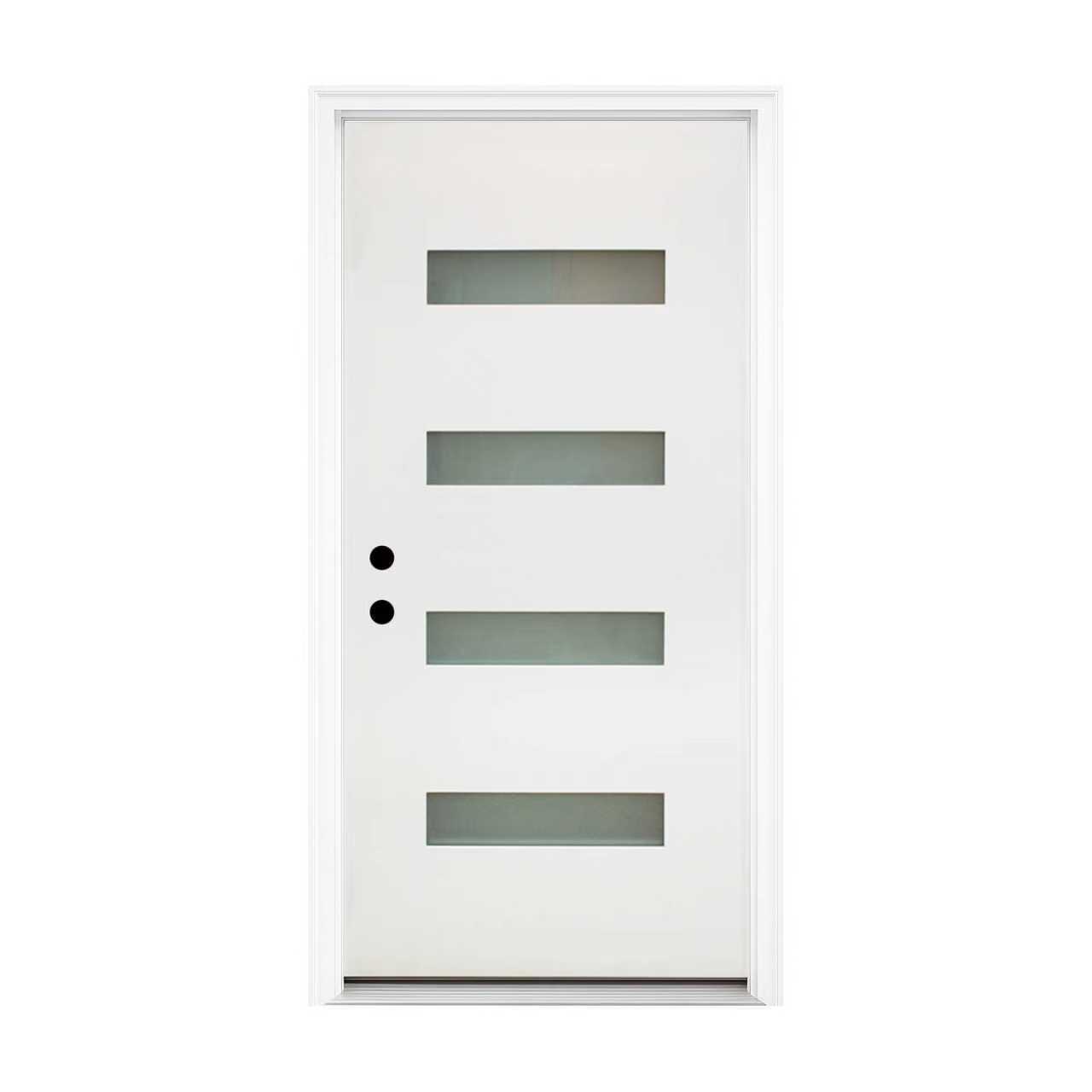 36 x 80 Fiberglass Entry Door, 4-Lite Frosted Glass - Contemporary Style for Home's Front Entrance, Right Hand Inswing, New Packaging Vinyl Frame, White Finish Knock-Down Entry Door
