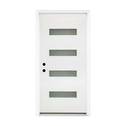 36 x 80 Fiberglass Entry Door, 4-Lite Frosted Glass - Contemporary Style for Home's Front Entrance, Right Hand Inswing, New Packaging Vinyl Frame, White Finish Knock-Down Entry Door
