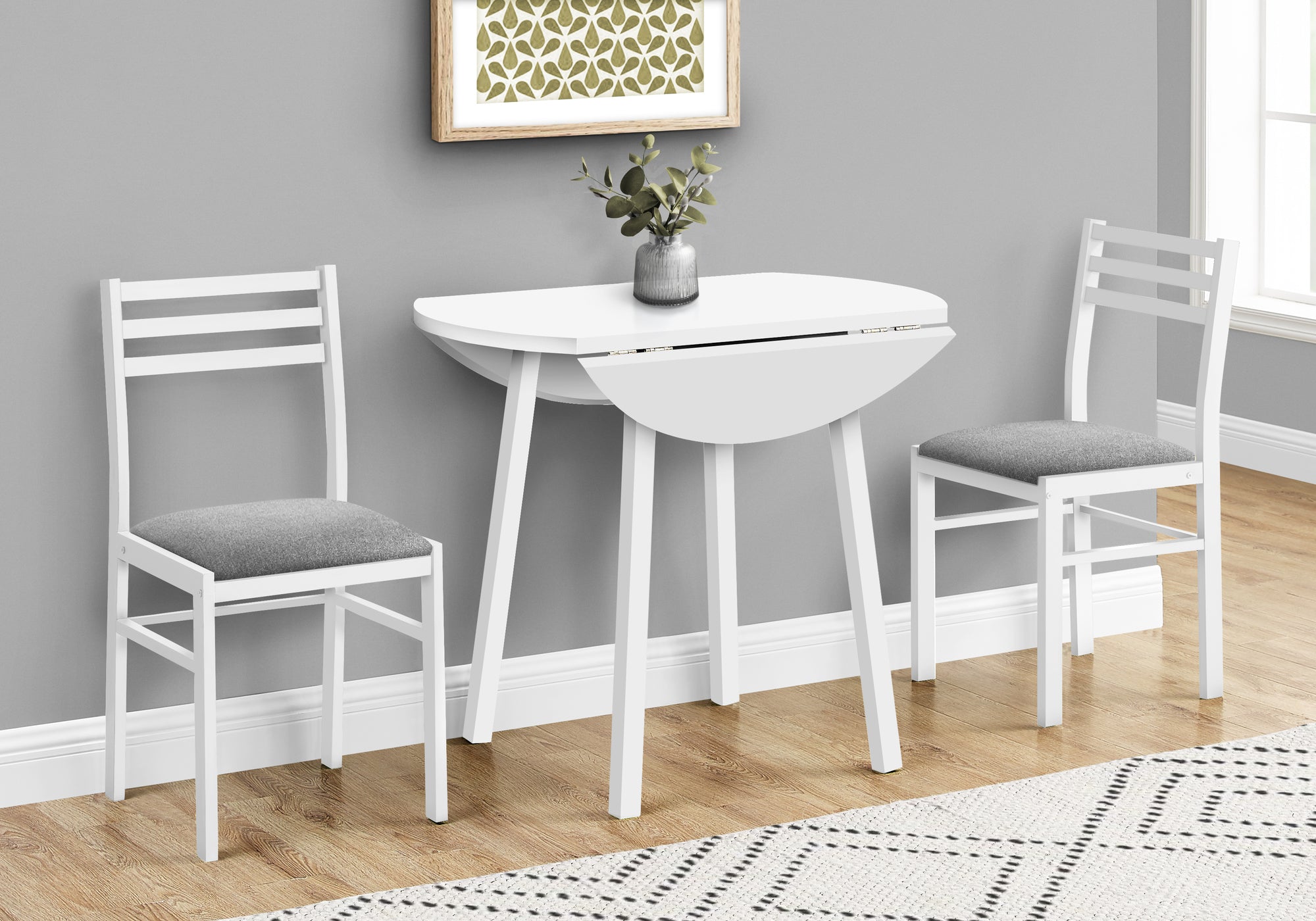 Dining Table Set, 3pcs Set, Small, 35' Drop Leaf, Kitchen, White Metal And Laminate, Grey Fabric, Contemporary, Modern